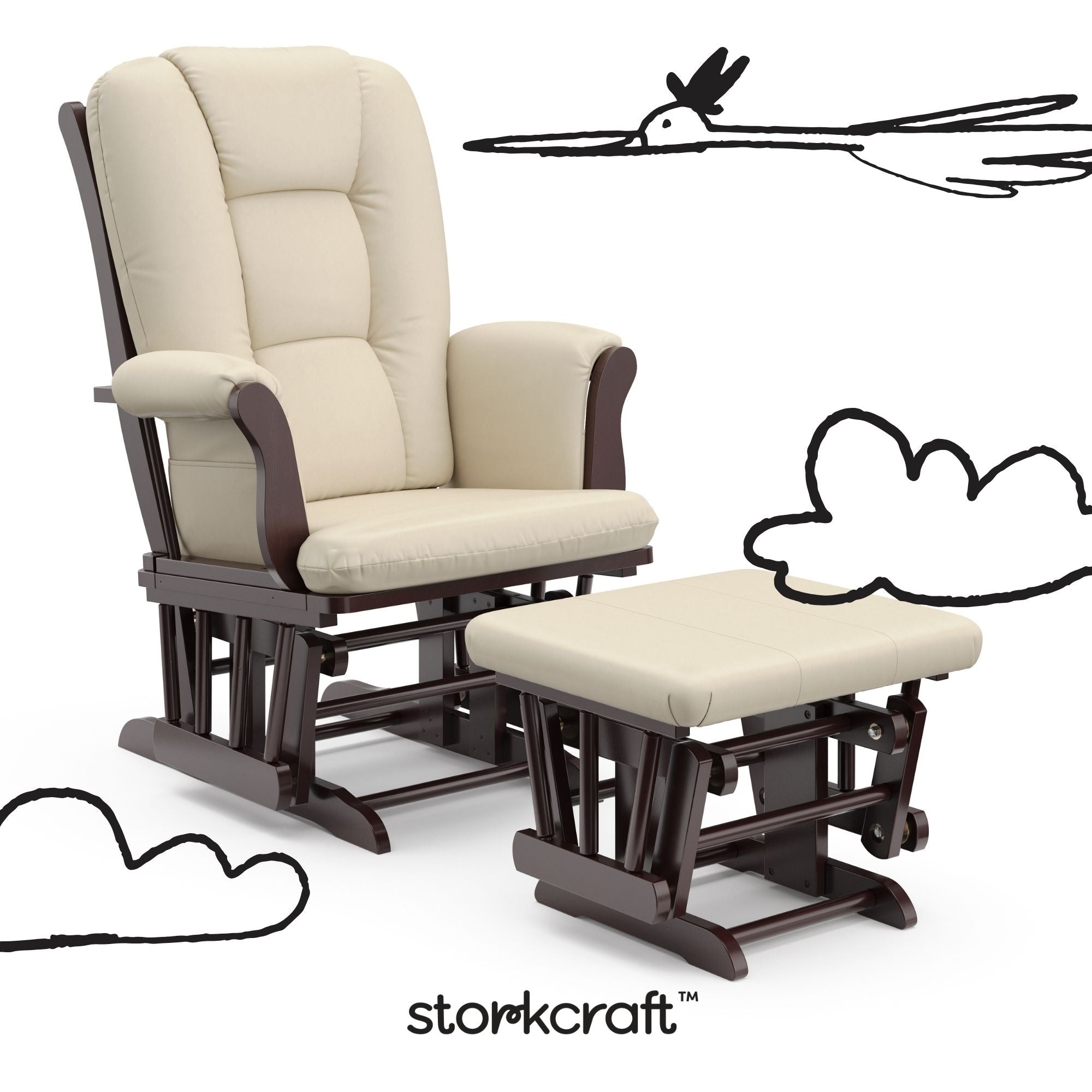 Tuscany espresso with beige glider and ottoman with black doodles overlaid on image