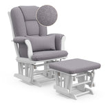 Tuscany white with gray swirl glider and ottoman with zoom in on swirl fabric pattern