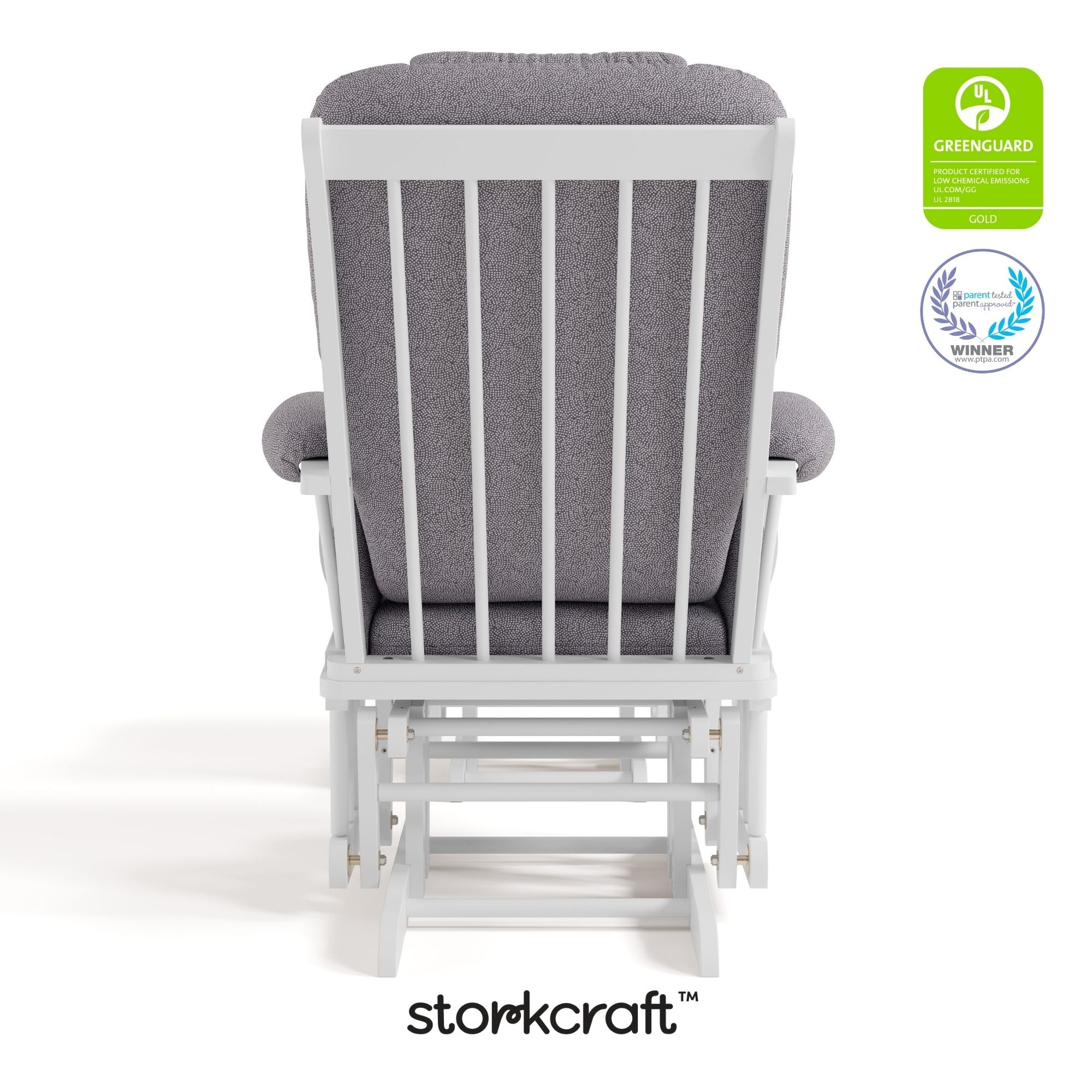 Tuscany white with gray swirl glider and ottoman with GGG and PTPA logos on top right