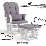 Tuscany white with gray swirl glider and ottoman with black doodles overlaid on image