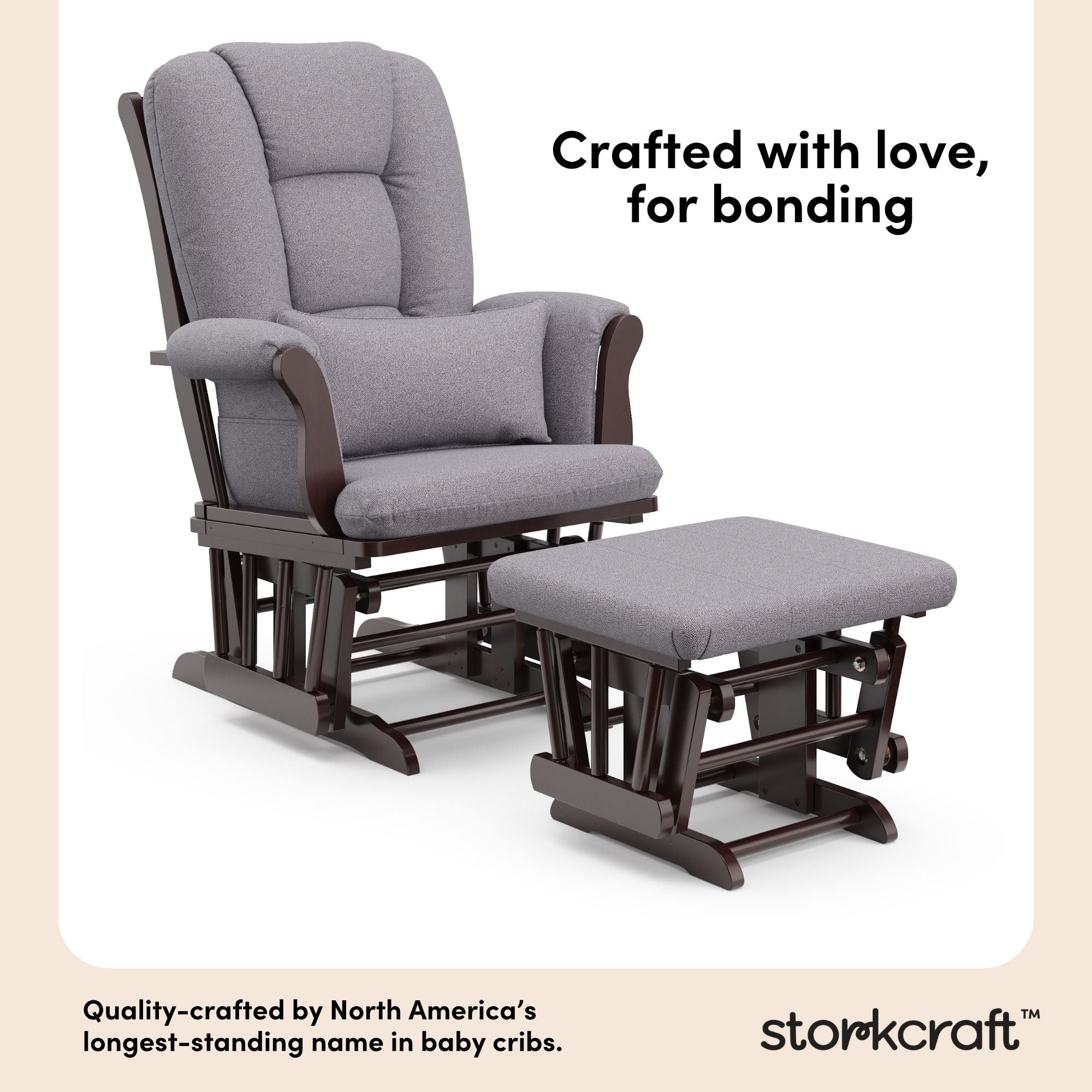 Tuscany espresso with gray swirl glider and ottoman style callout