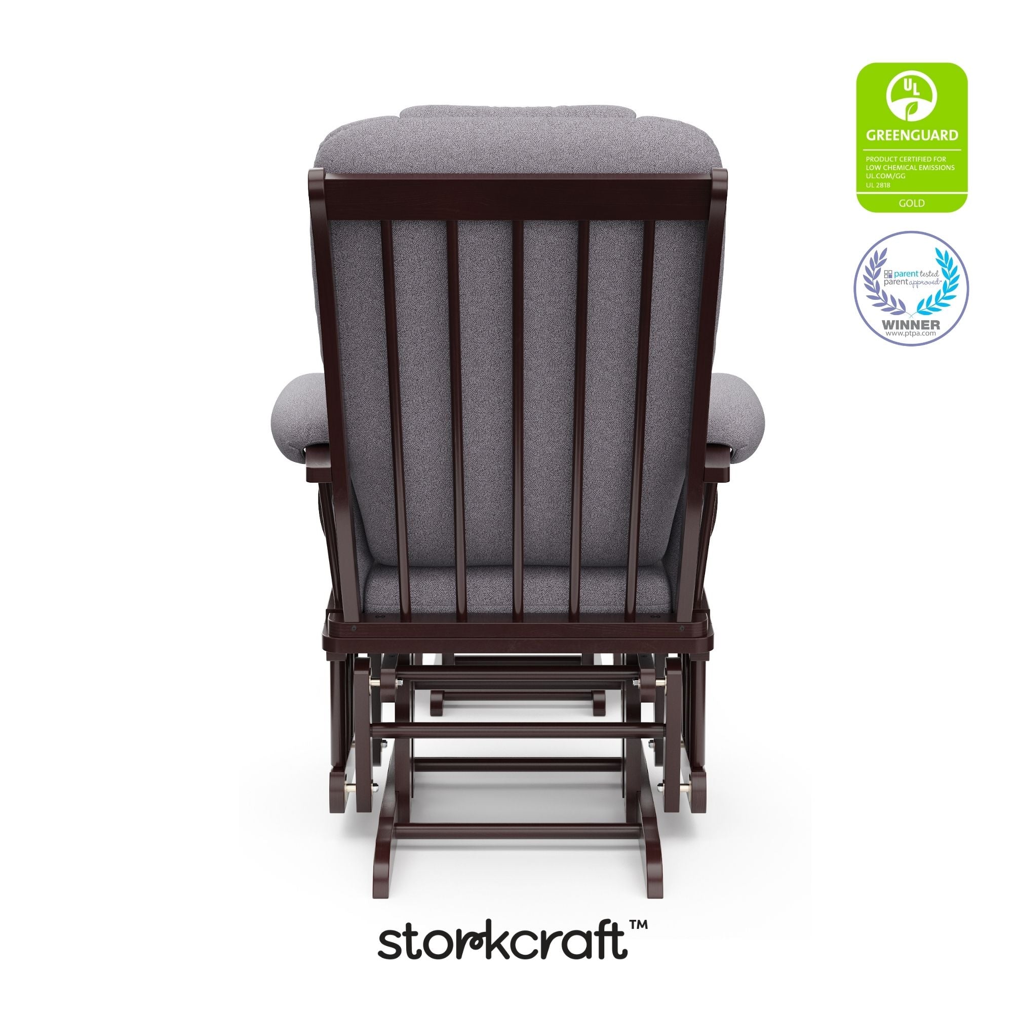 Tuscany espresso with gray swirl glider and ottoman with GGG and PTPA logos on top right