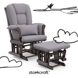 Tuscany espresso with gray swirl glider and ottoman with black doodles overlaid on image