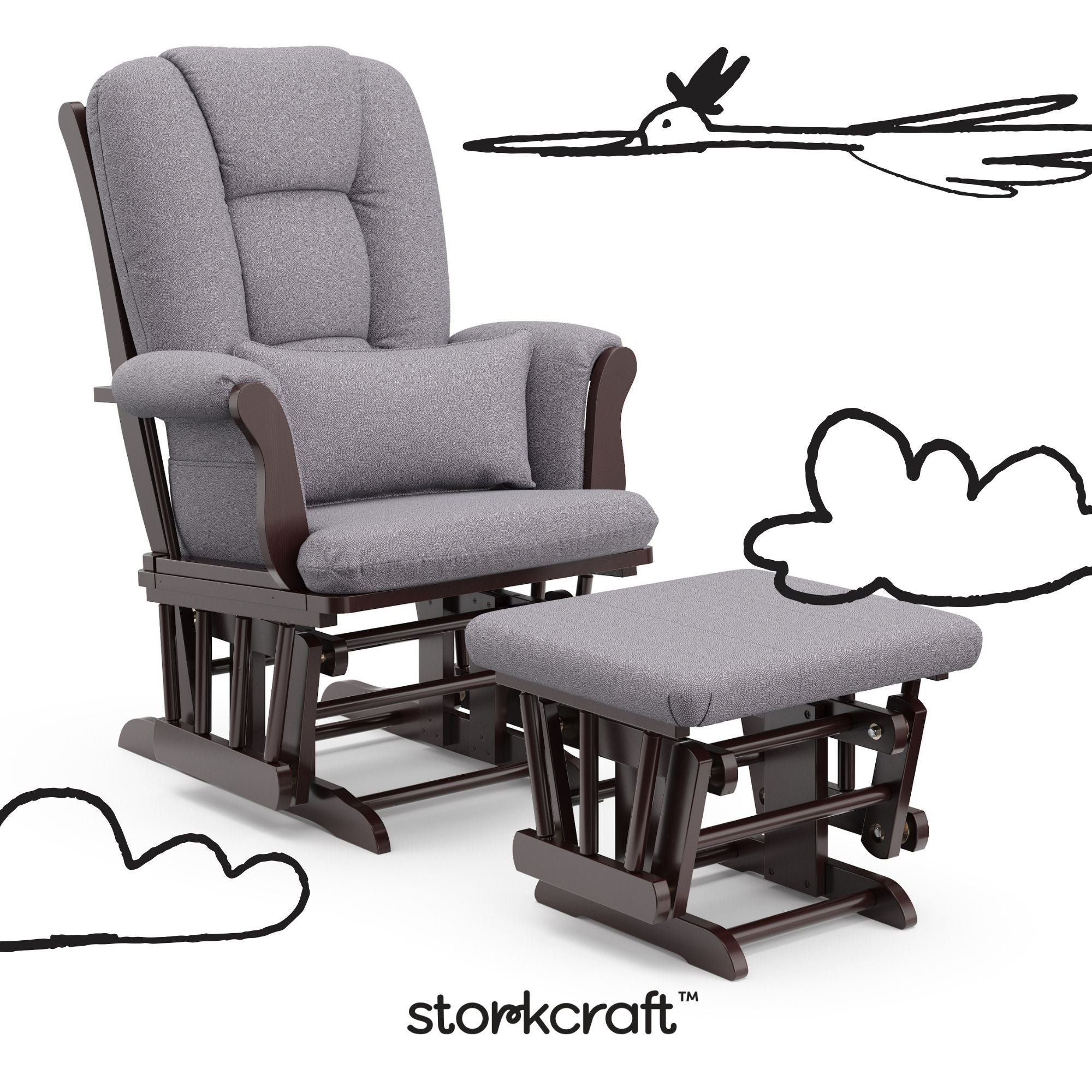Tuscany espresso with gray swirl glider and ottoman with black doodles overlaid on image