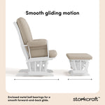 Tuscany white with taupe swirl glider and ottoman smooth gliding motion callout