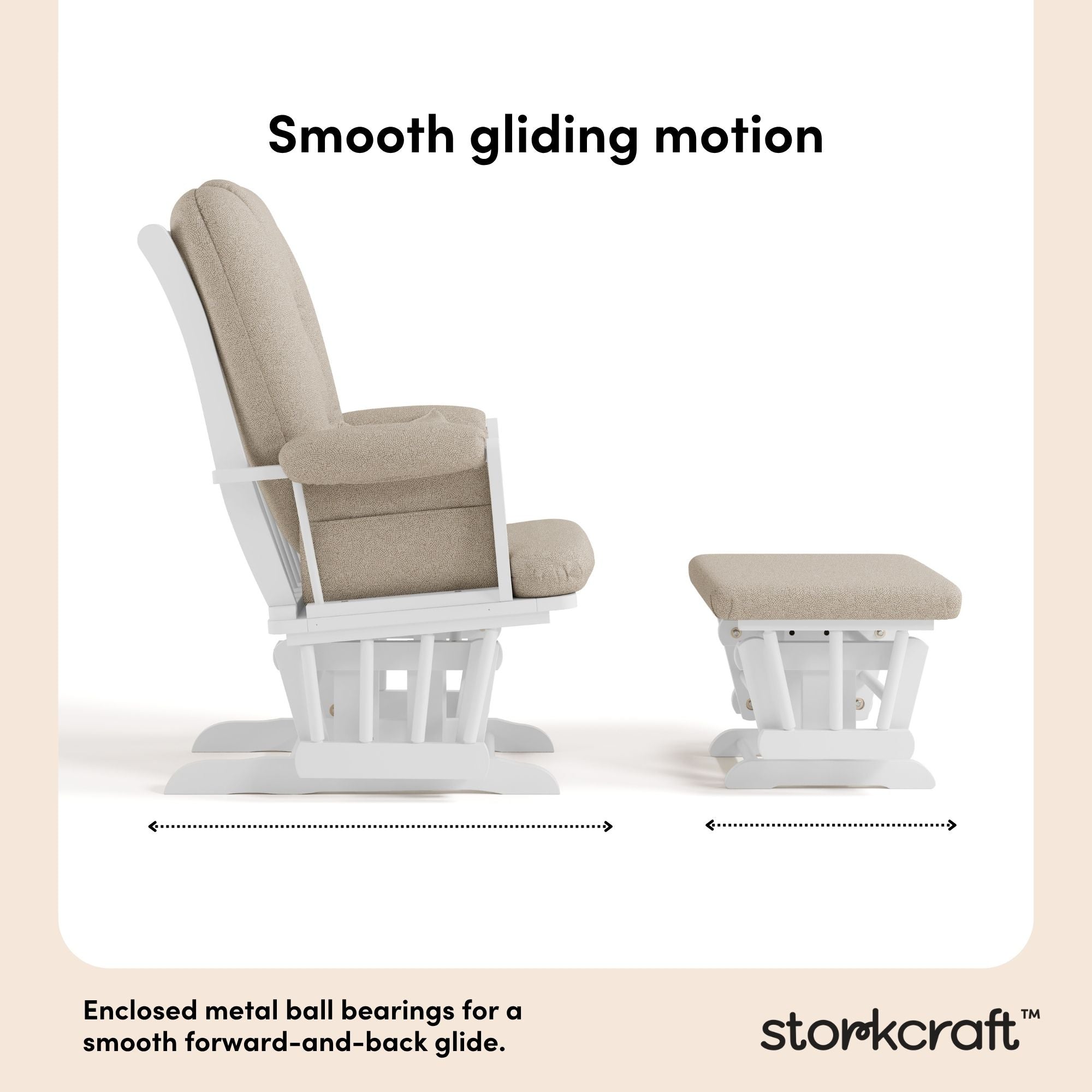 Tuscany white with taupe swirl glider and ottoman smooth gliding motion callout