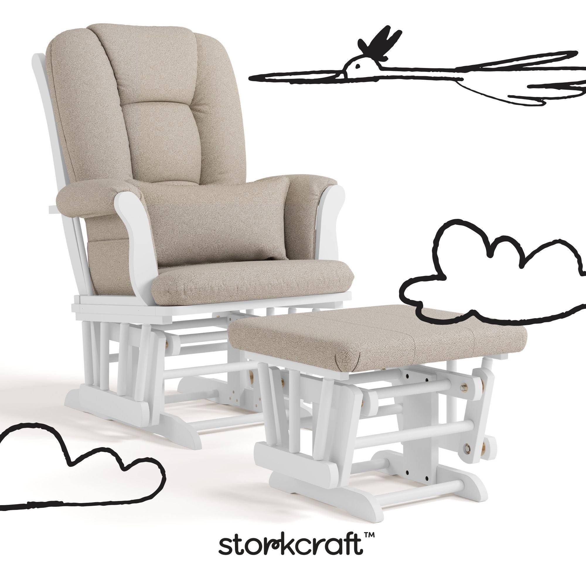 Tuscany white with taupe swirl glider and ottoman with black doodles overlaid on image