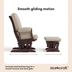 Tuscany espresso with taupe swirl glider and ottoman smooth gliding motion callout