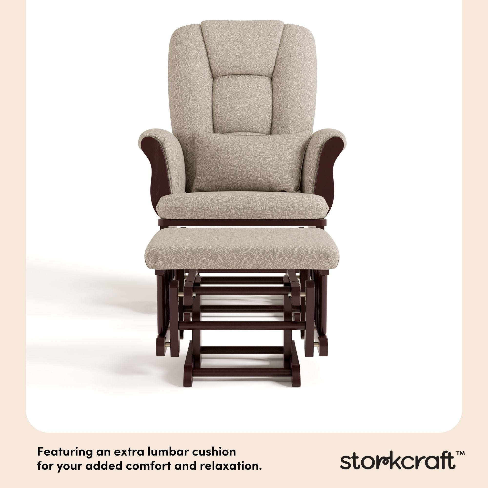 Tuscany espresso with taupe swirl glider and ottoman lumbar cushion callout