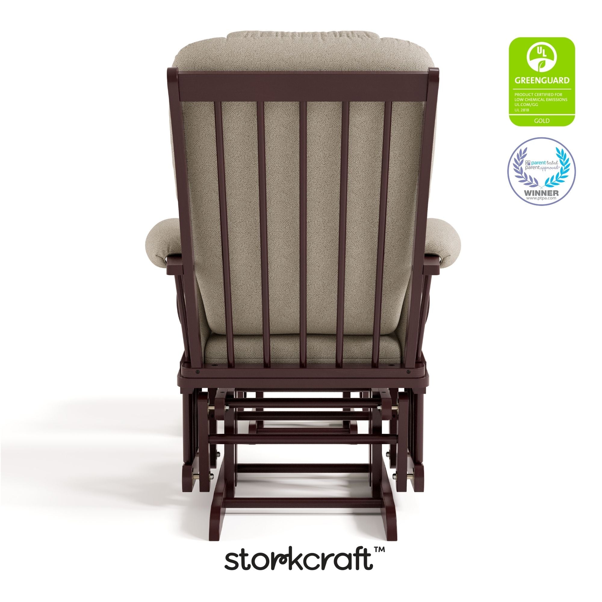 Tuscany espresso with taupe swirl glider and ottoman with GGG and PTPA logos on top right