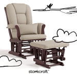 Tuscany espresso with taupe swirl glider and ottoman with black doodles overlaid on image