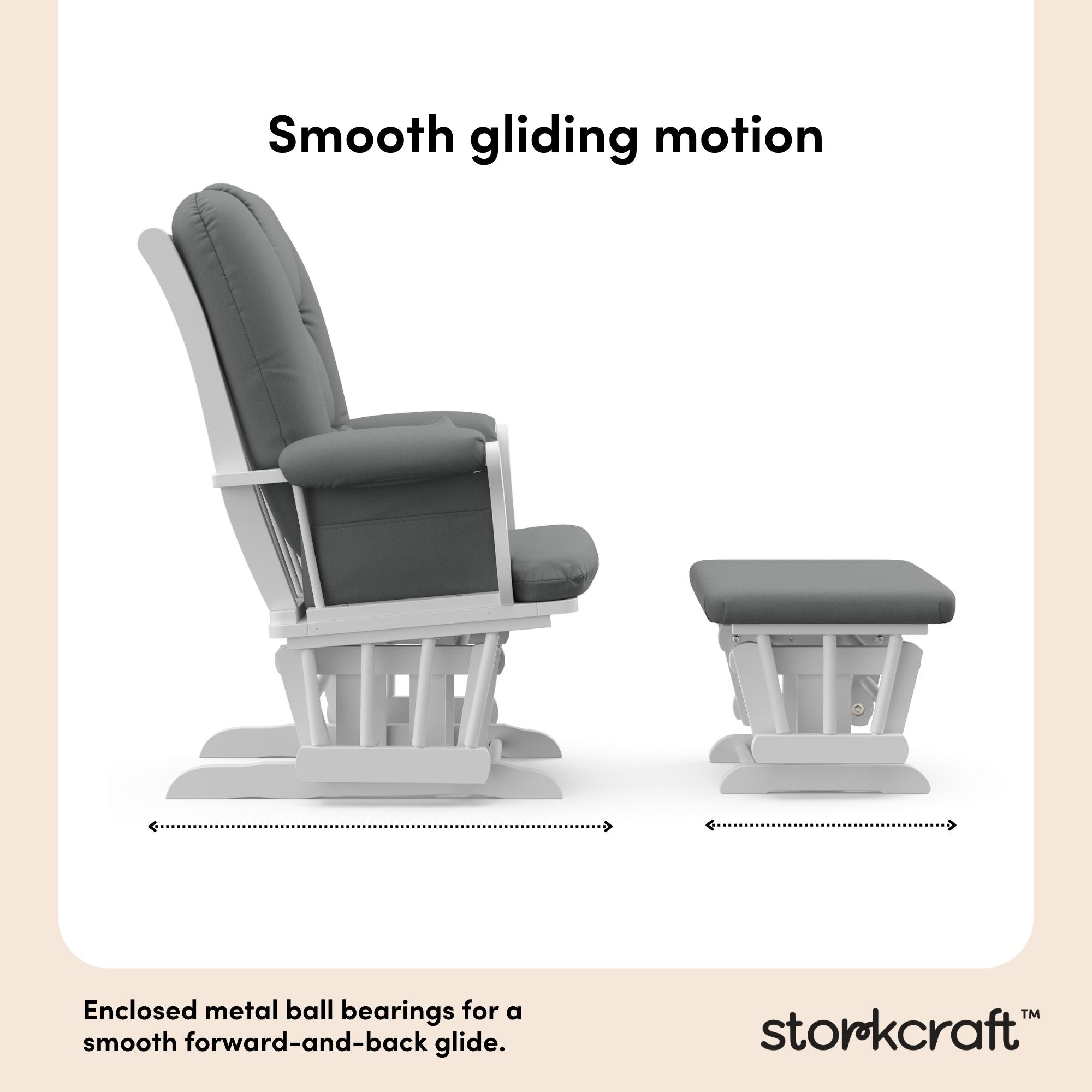 Tuscany white with gray glider and ottoman smooth gliding motion callout