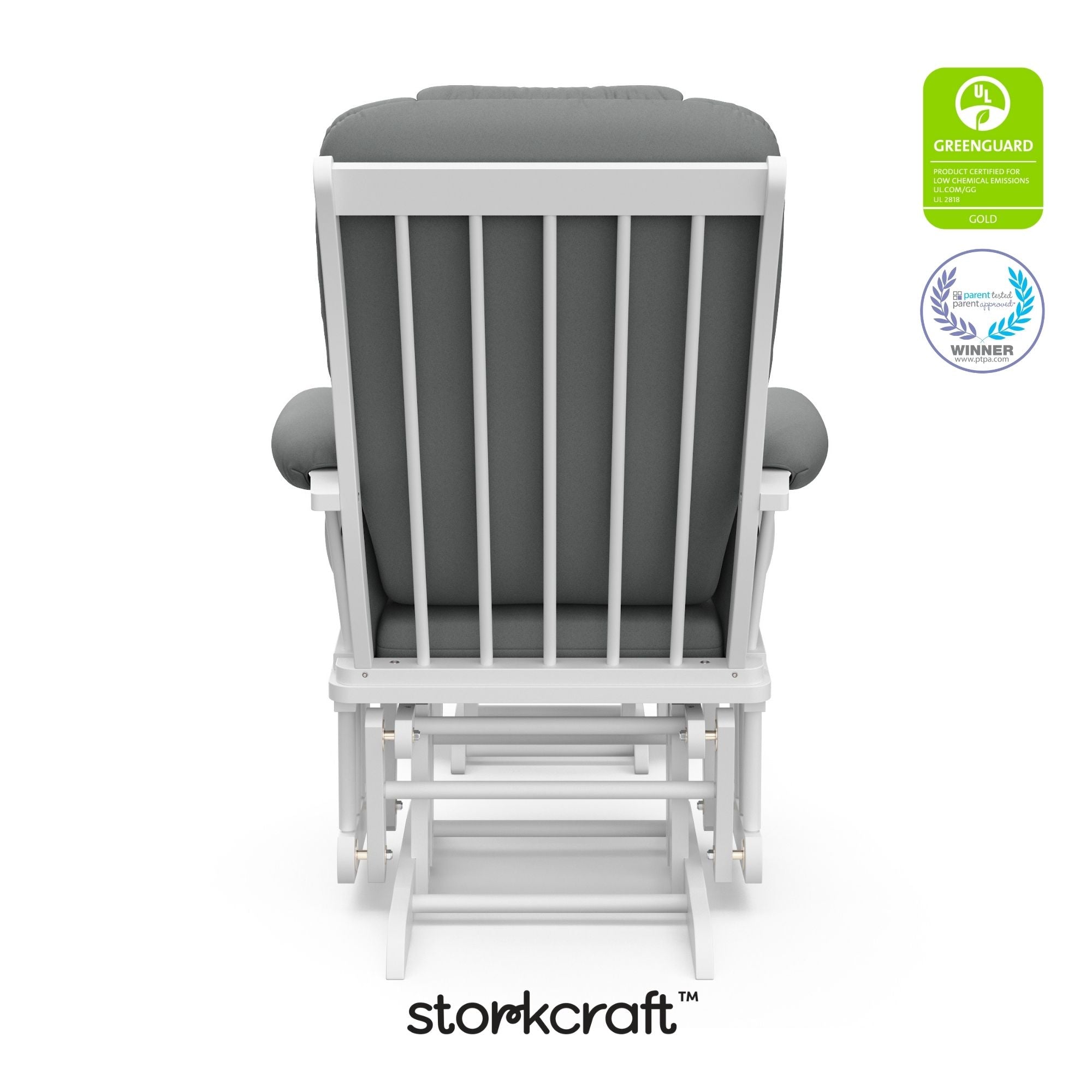 Tuscany white with gray glider and ottoman with GGG and PTPA logos on top right