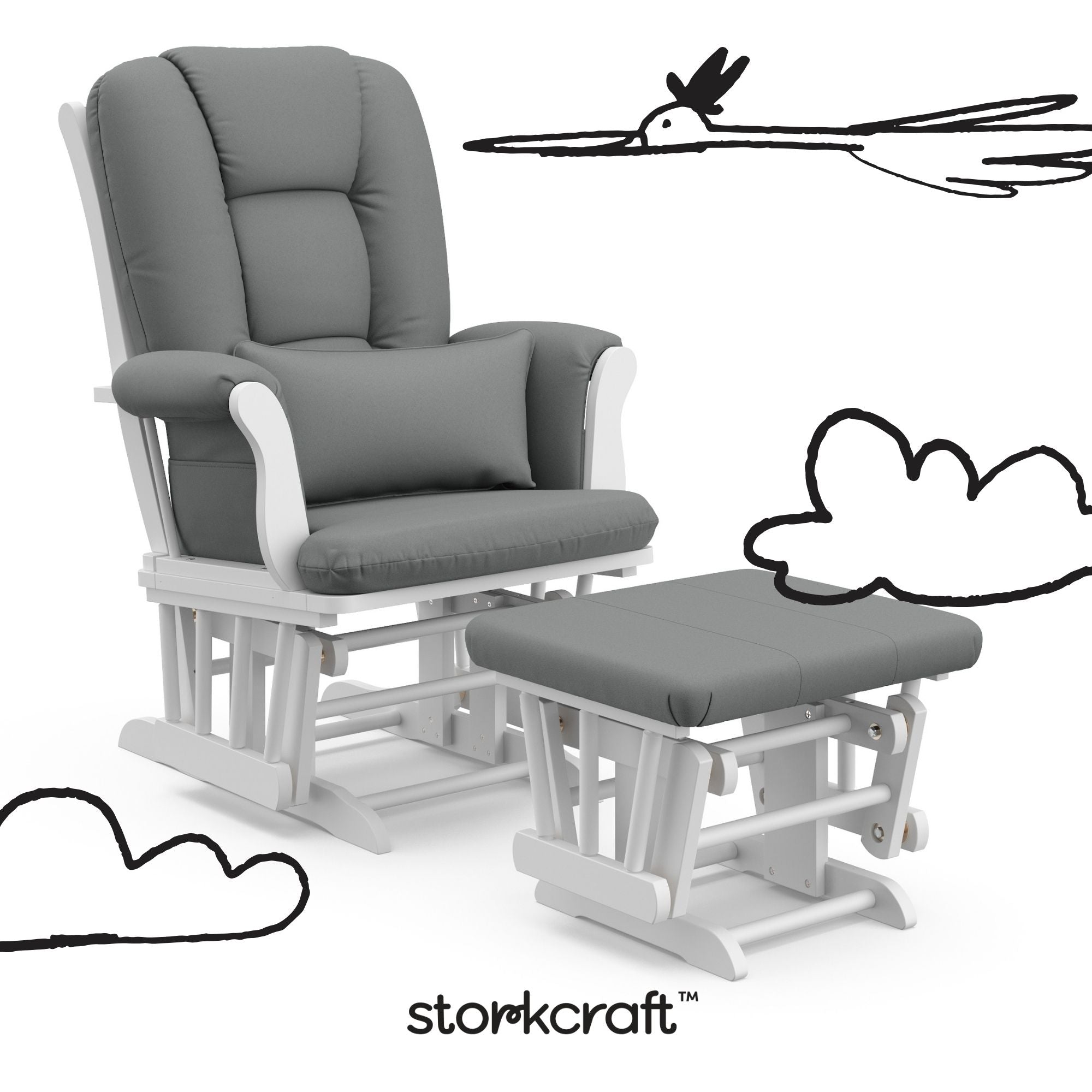 Tuscany white with gray glider and ottoman with black doodles overlaid on image