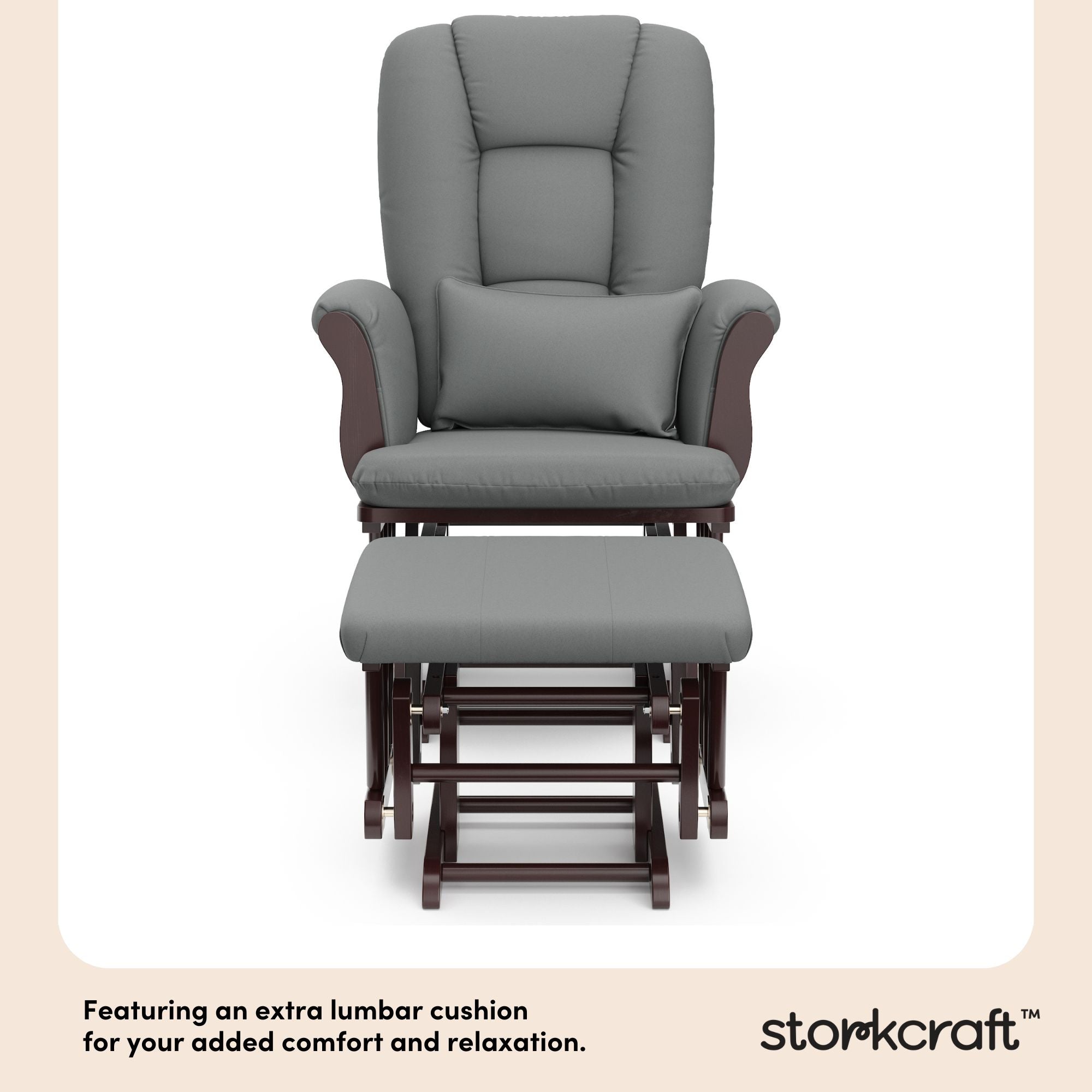 Tuscany espresso with gray glider and ottoman lumbar cushion callout