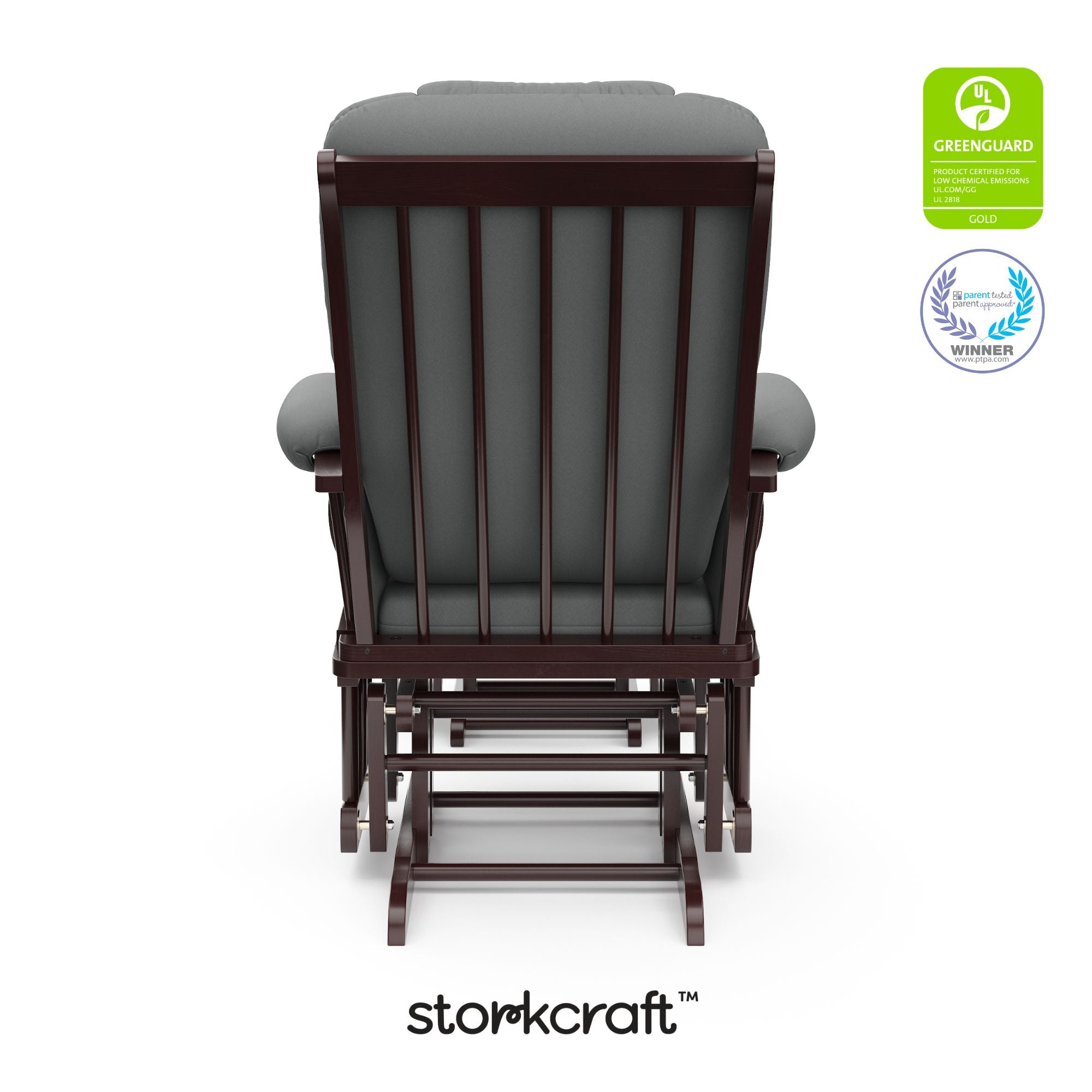 Tuscany espresso with gray glider and ottoman with GGG and PTPA logos on top right