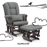 Tuscany espresso with gray glider and ottoman with black doodles overlaid on image