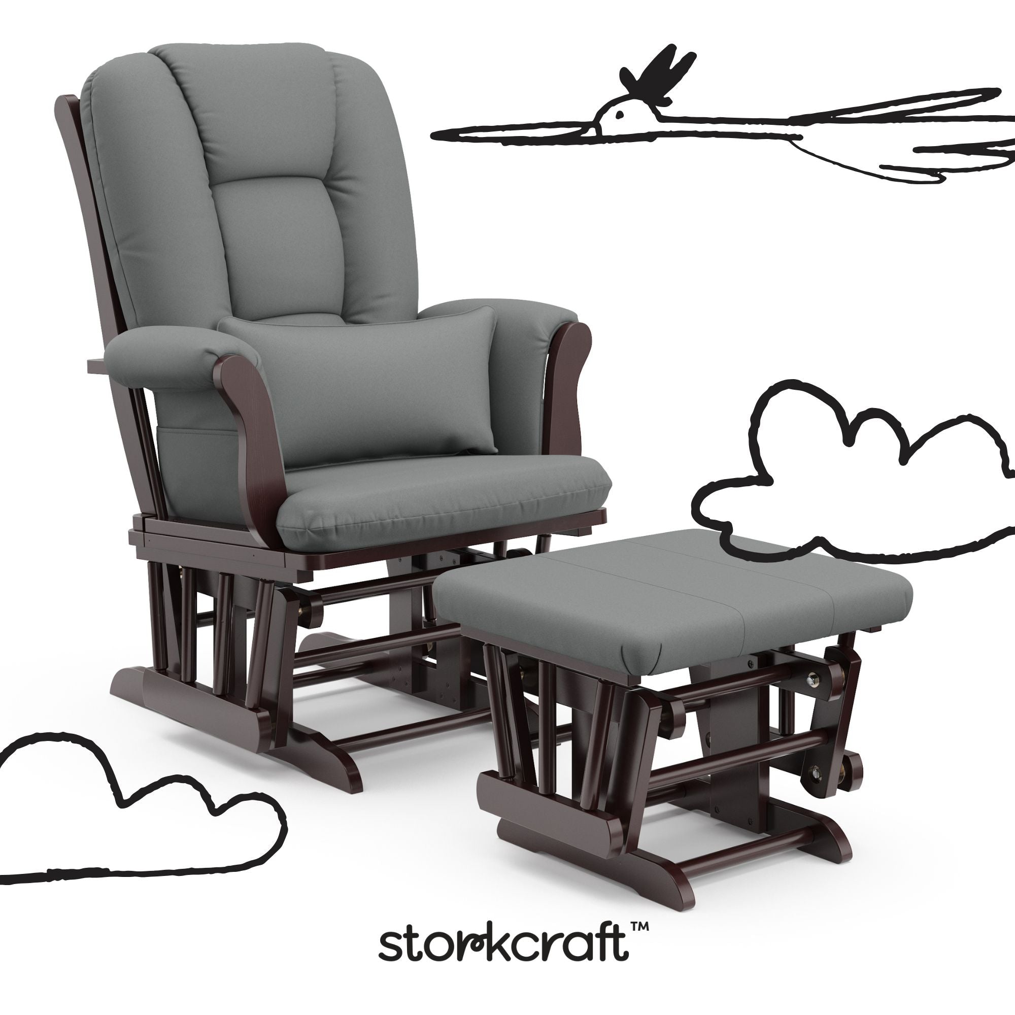 Tuscany espresso with gray glider and ottoman with black doodles overlaid on image
