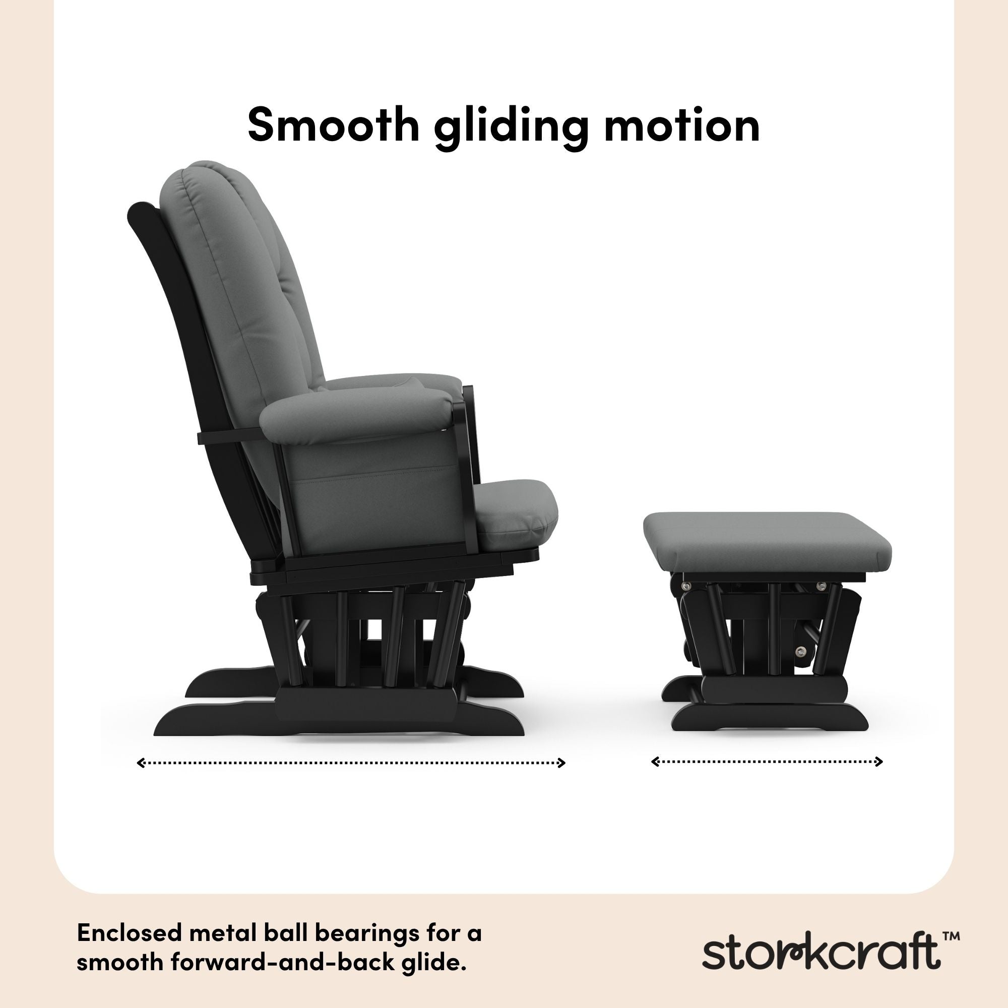 Tuscany black with gray glider and ottoman smooth gliding motion callout