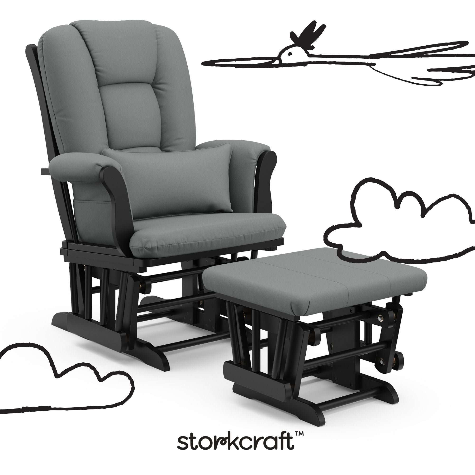 Tuscany black with gray glider and ottoman with black doodles overlaid on image