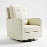 Angled view of swivel glider with pearl fabric