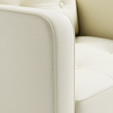 Close up view of swivel glider with pearl fabric