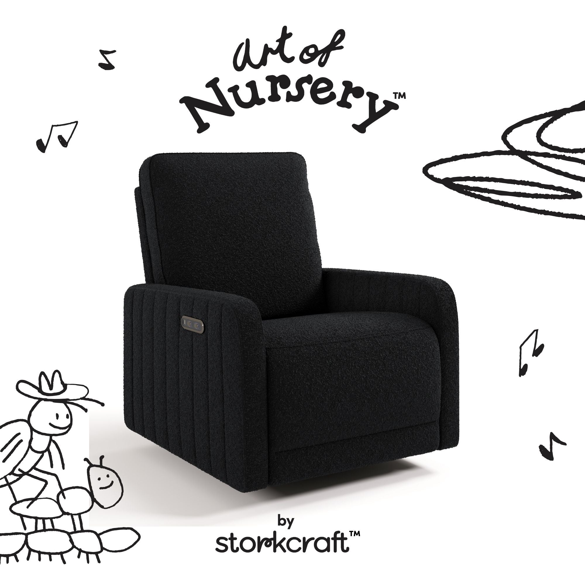 Kyoto black boucle wide glider with black doodles overlaid on image