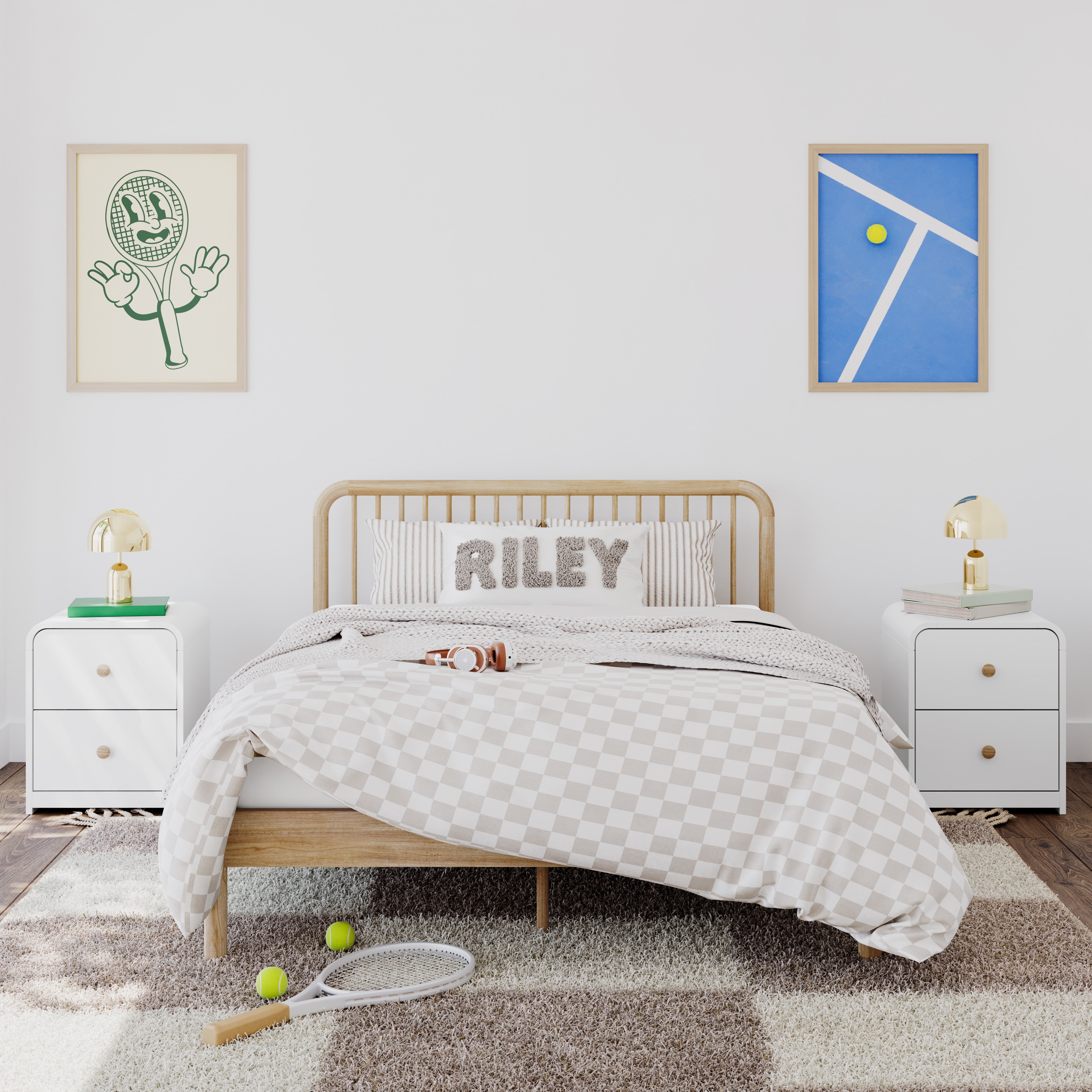 2 Santos white 2 drawer nightstands in kids bedroom with bed in middle