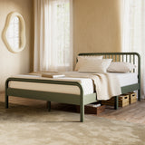 Full size Bed in olive finish in a room set up.