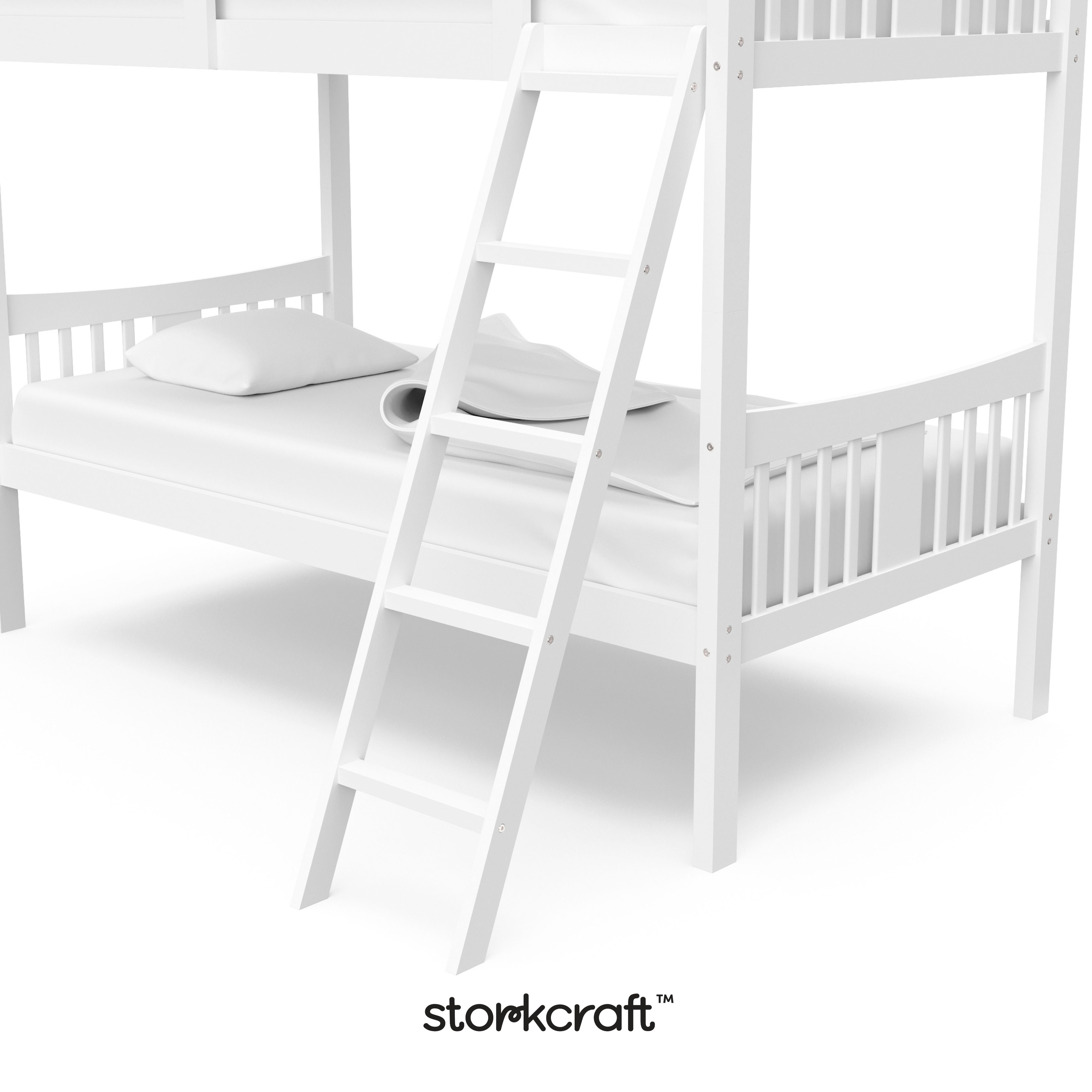 Caribou white twin over twin bunk bed close up of ladder with Storkcraft logo in black on bottom