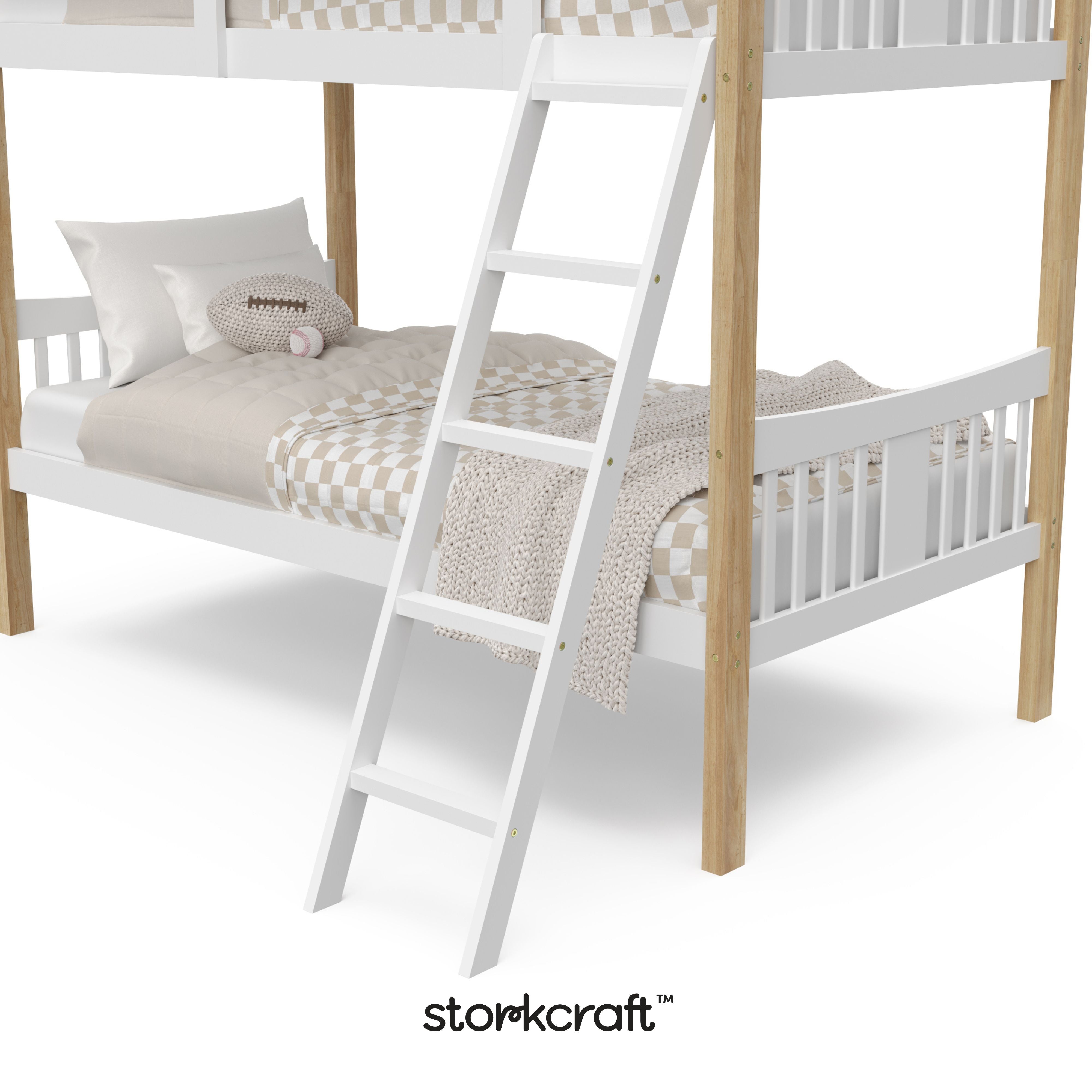 Caribou white with natural twin over twin bunk bed close up of ladder with Storkcraft logo in black on bottom