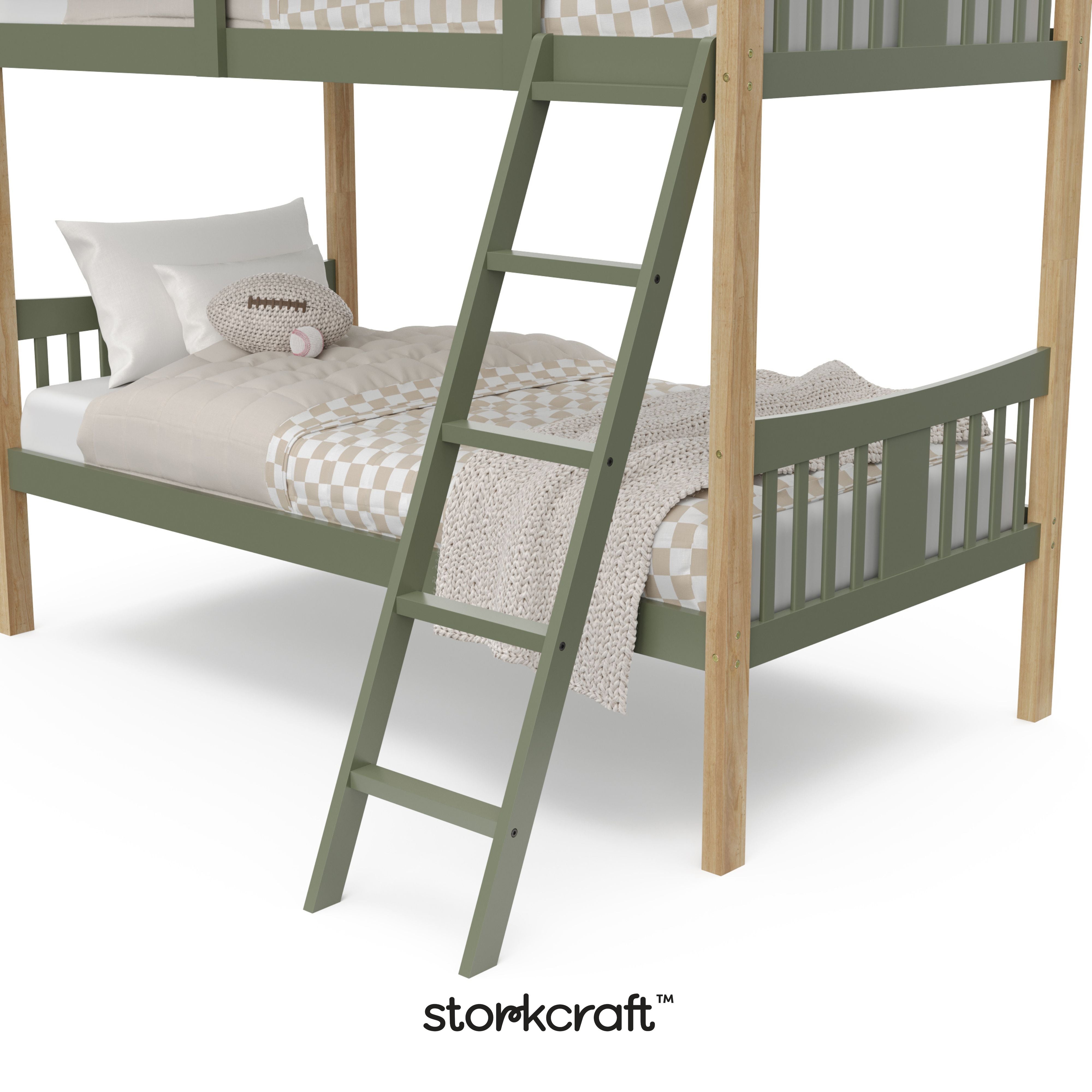 Caribou olive with natural twin over twin bunk bed close up of ladder with Storkcraft logo in black on bottom