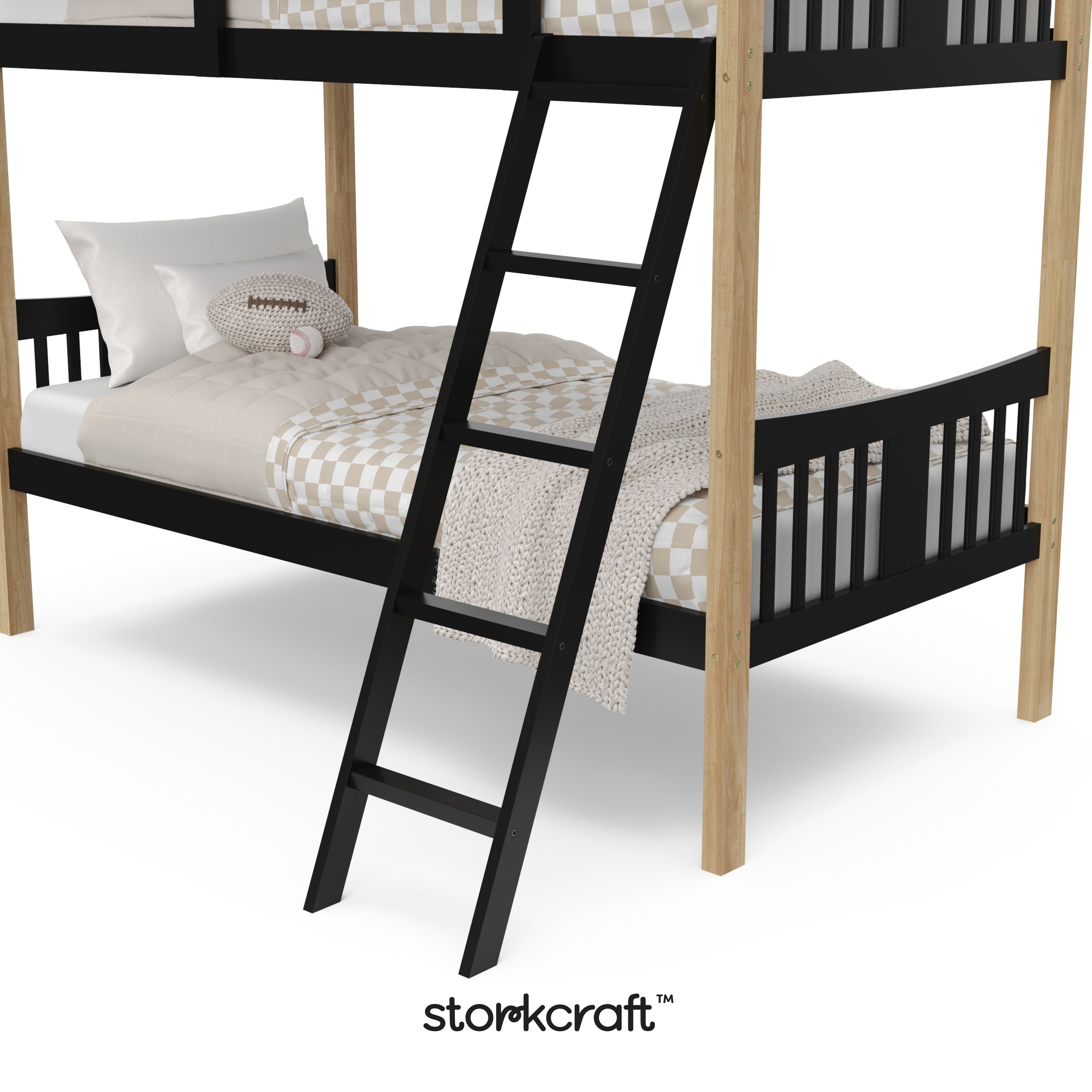 Caribou black with natural twin over twin bunk bed close up of ladder with Storkcraft logo in black on bottom