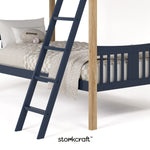 Caribou midnight blue with natural twin over twin bunk bed close up of ladder with Storkcraft logo in black on bottom