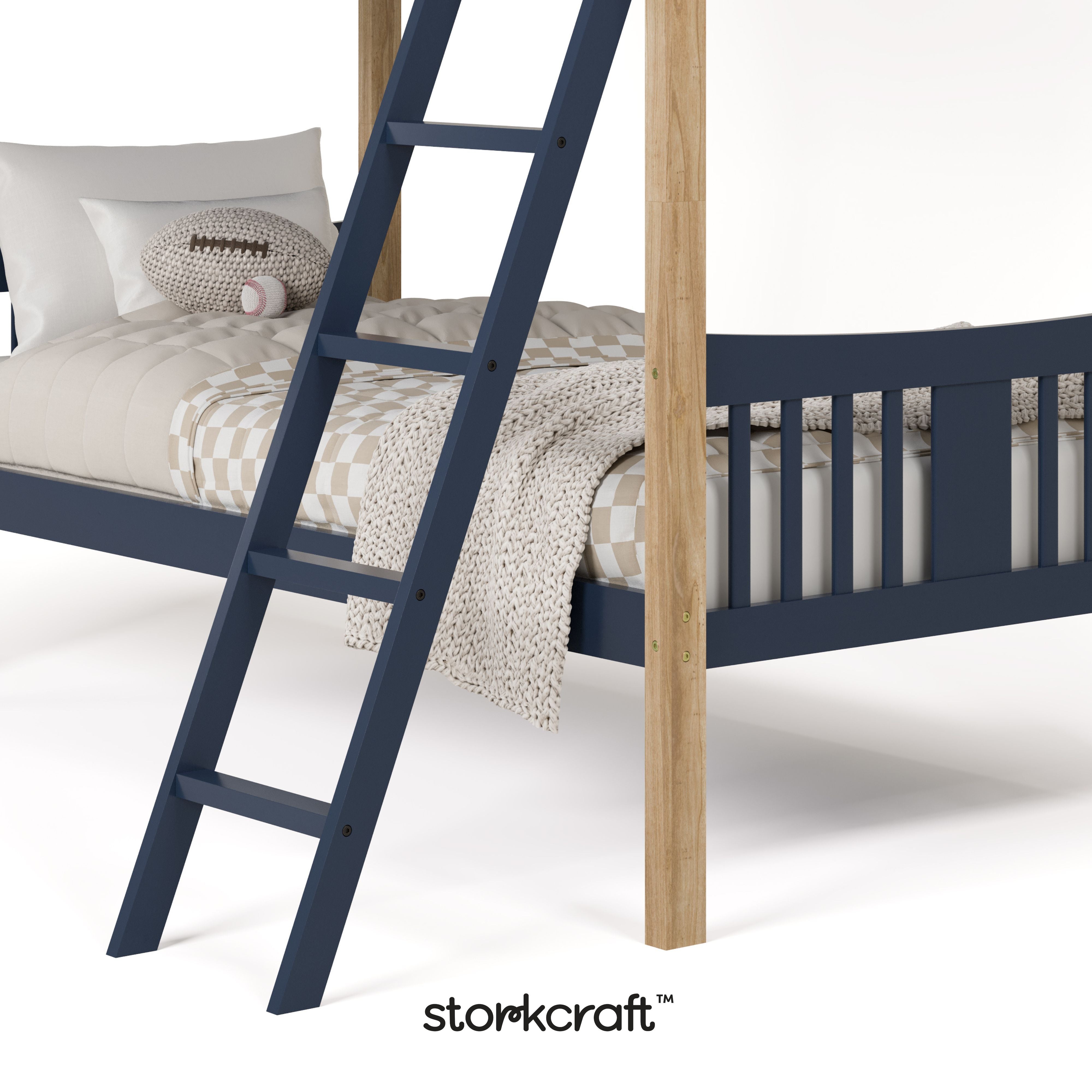 Caribou midnight blue with natural twin over twin bunk bed close up of ladder with Storkcraft logo in black on bottom