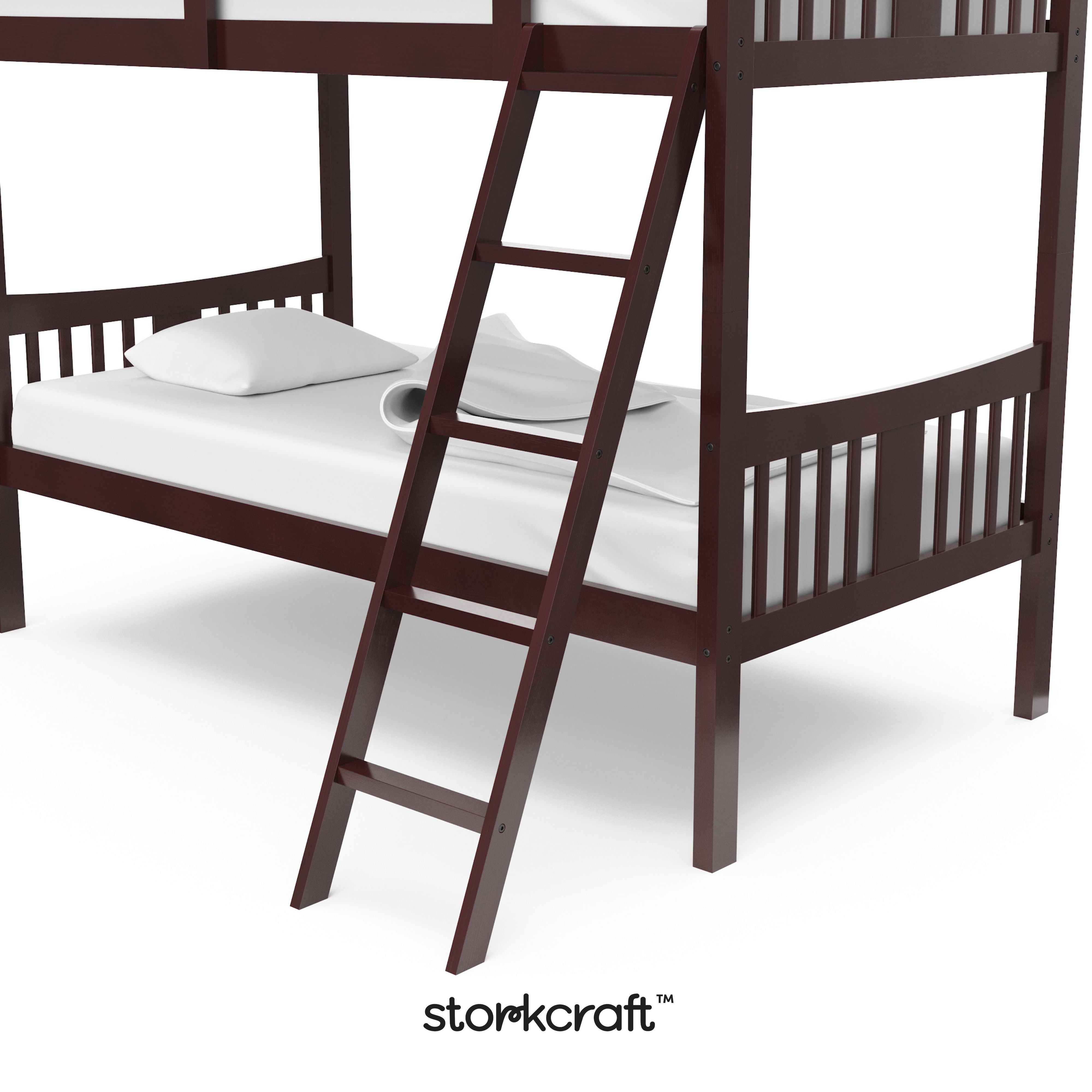Caribou espresso twin over twin bunk bed close up of ladder with Storkcraft logo in black on bottom