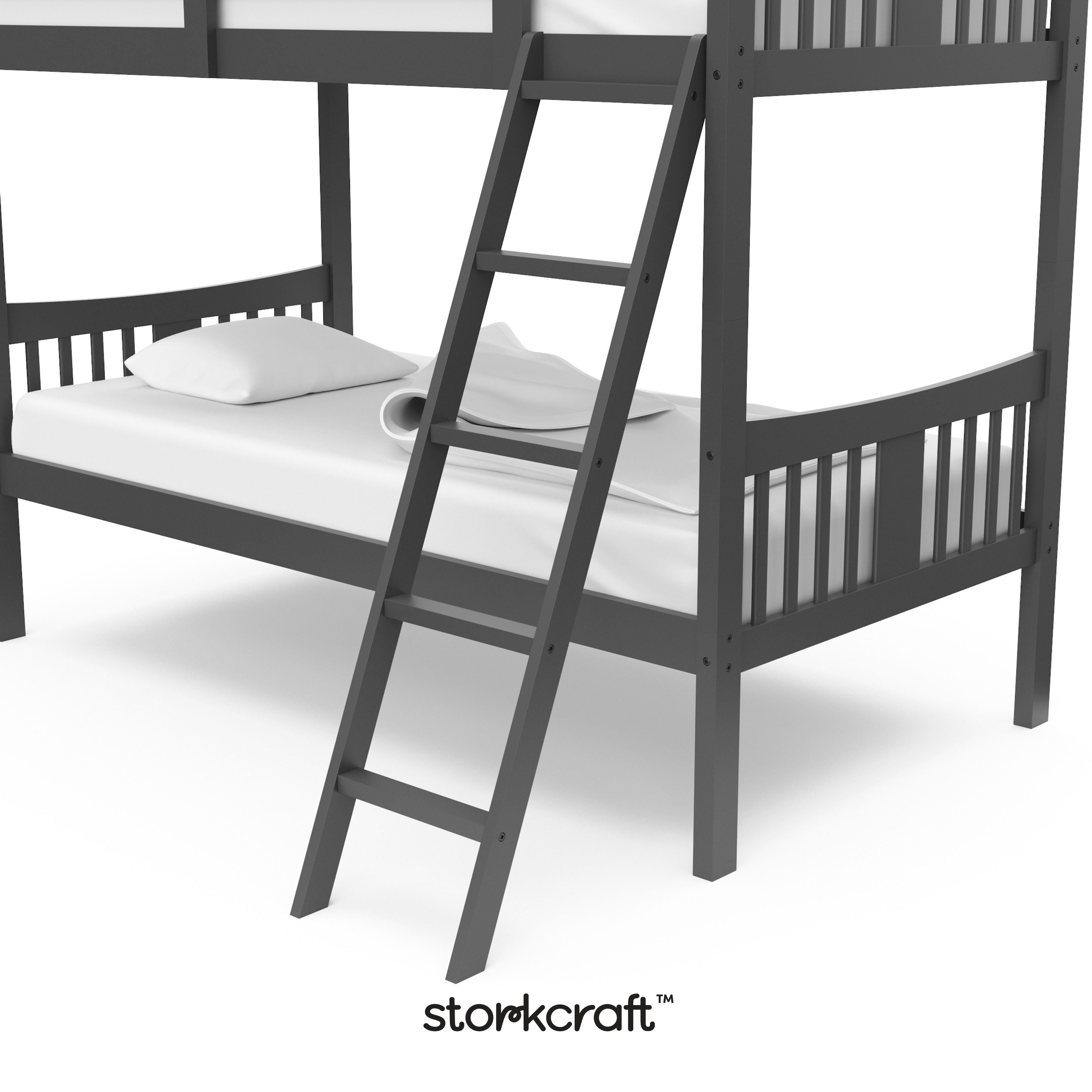 Caribou gray twin over twin bunk bed close up of ladder with Storkcraft logo in black on bottom
