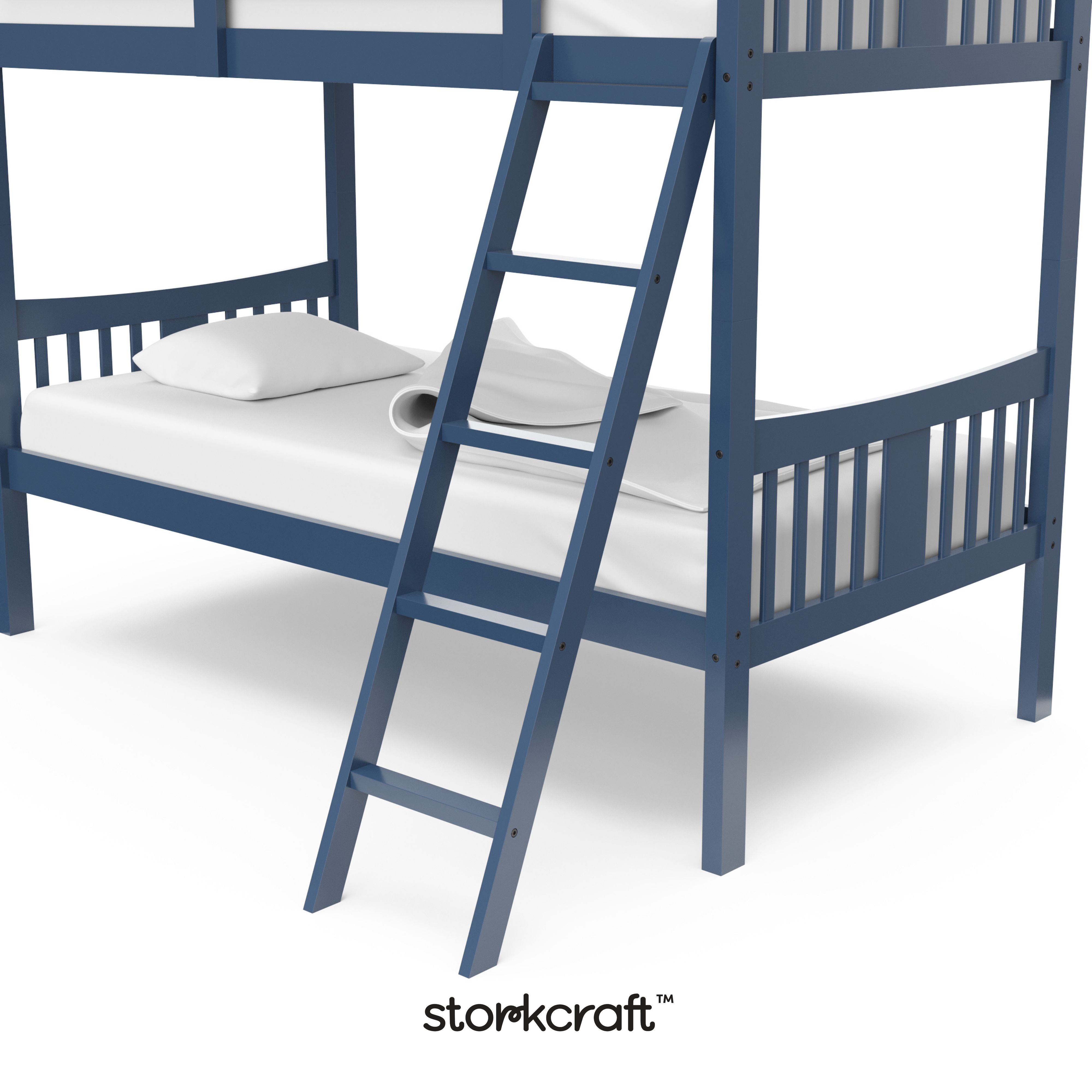 Caribou navy twin over twin bunk bed close up of ladder with Storkcraft logo in black on bottom