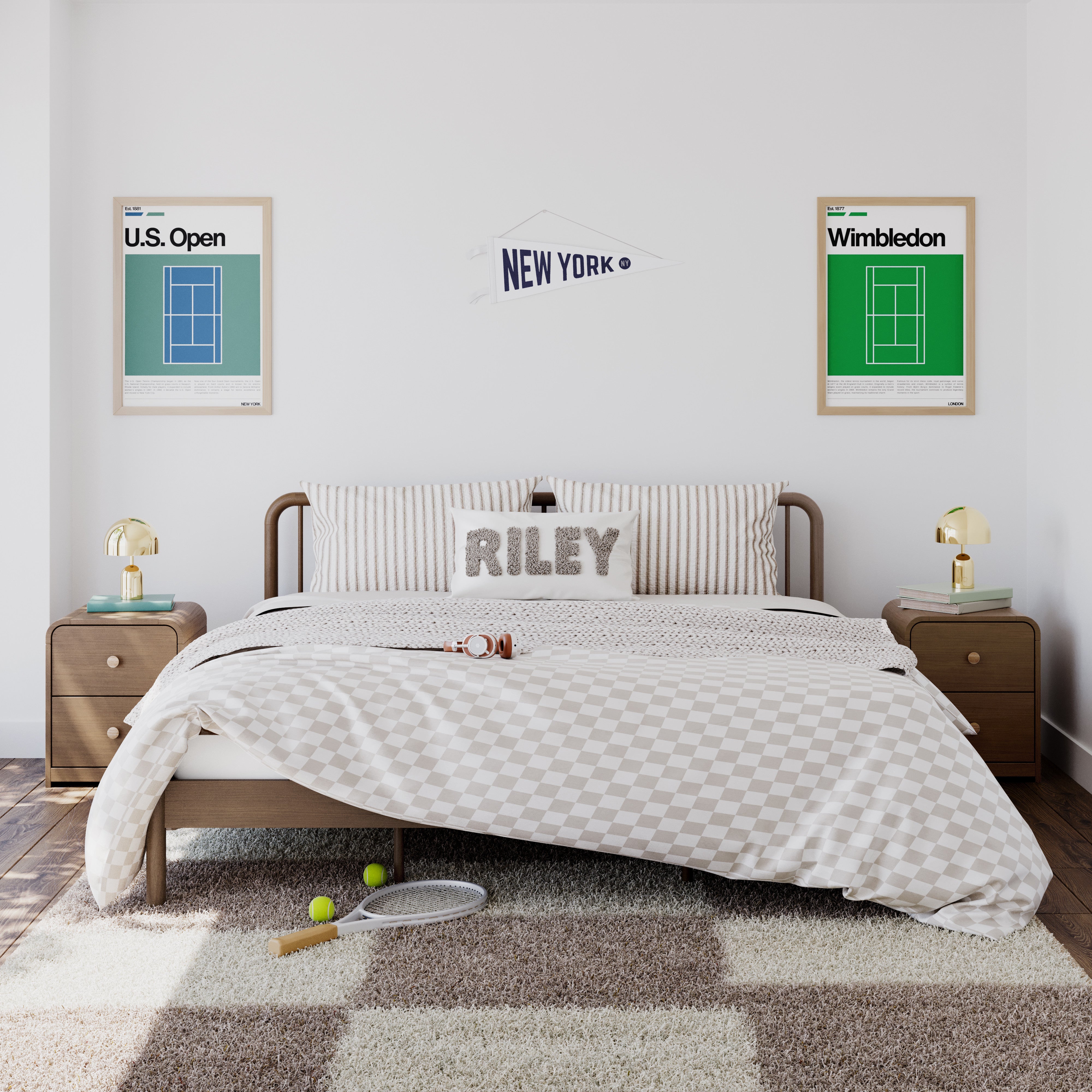 2 Santos hazelnut 2 drawer nightstands in kids bedroom with bed in middle