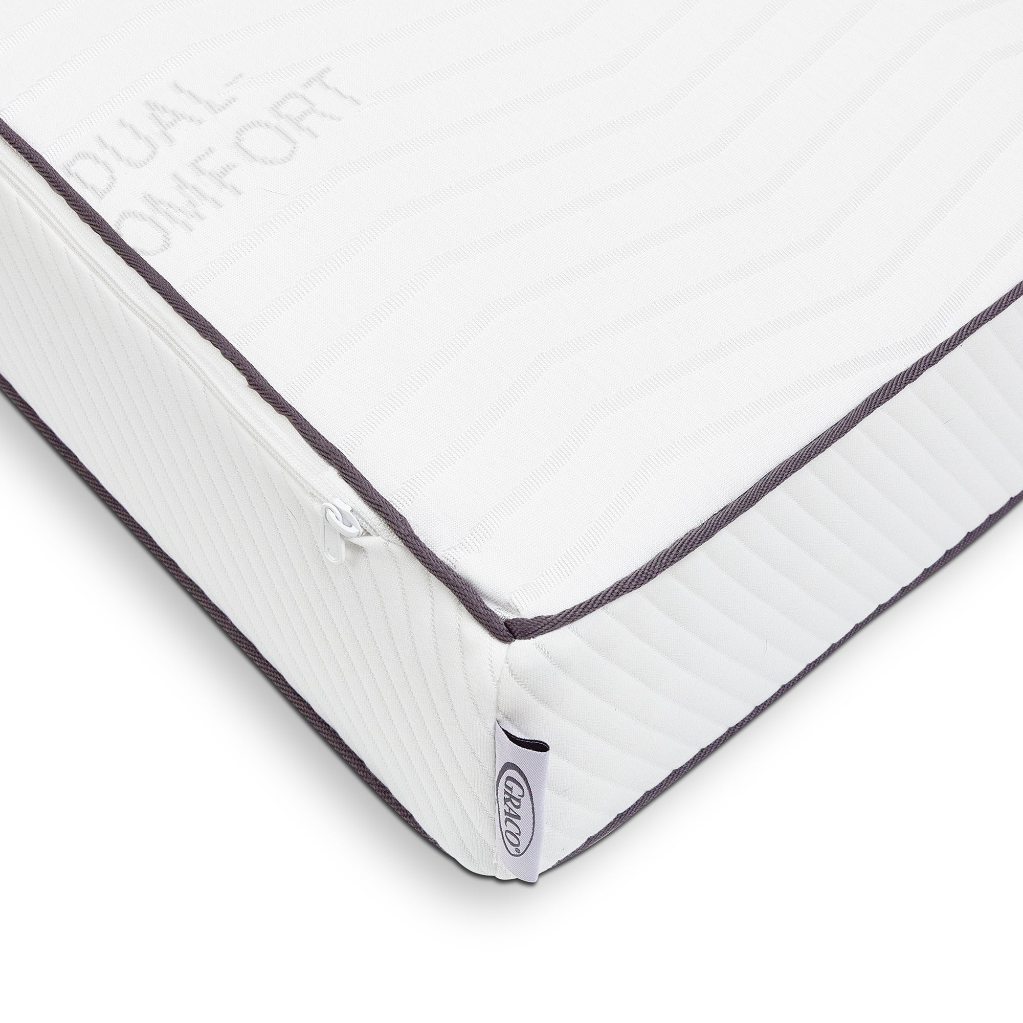 Graco Dual Comfort mattress close up of zipper and Graco brand tag