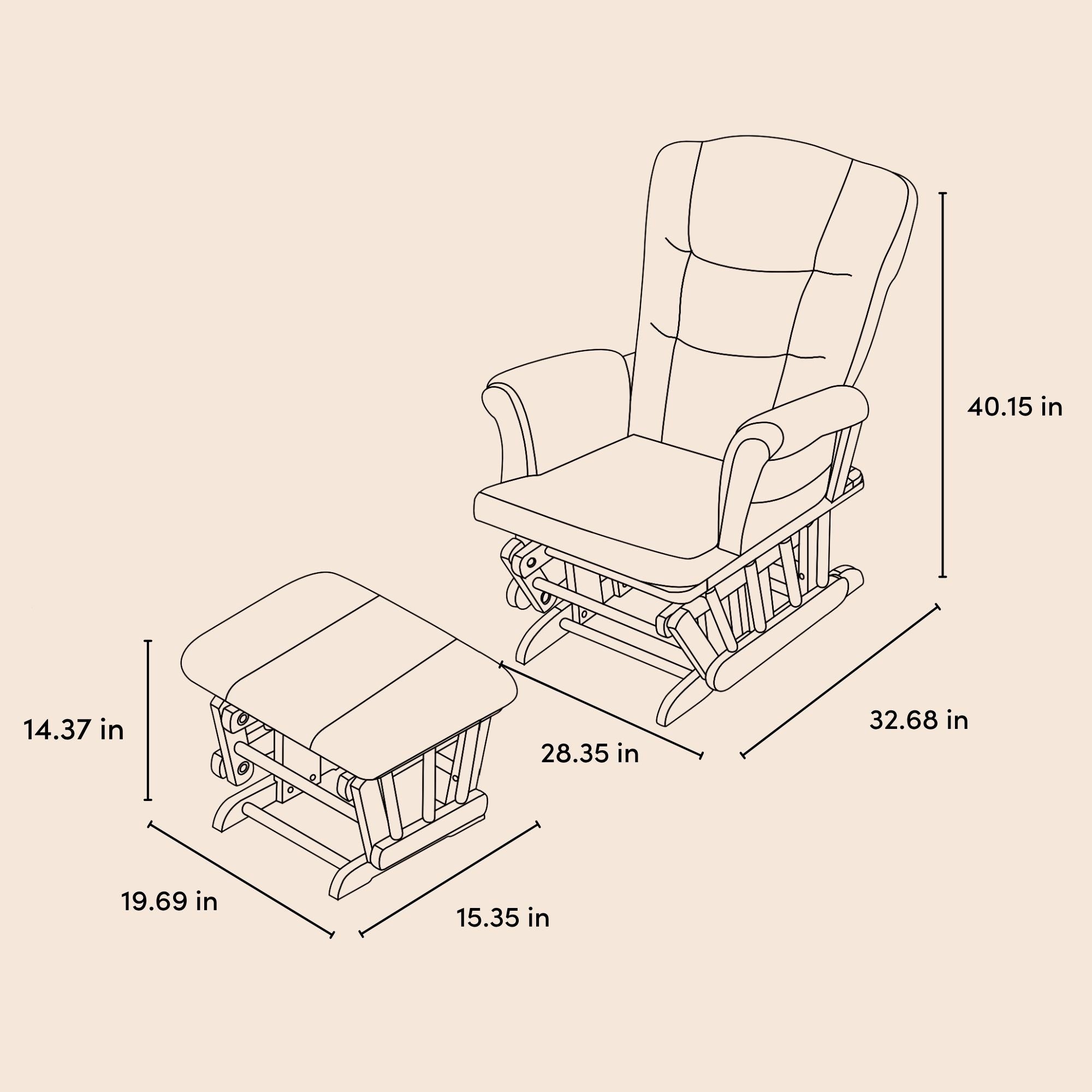 Tuscany glider and ottoman drawing with dimensions