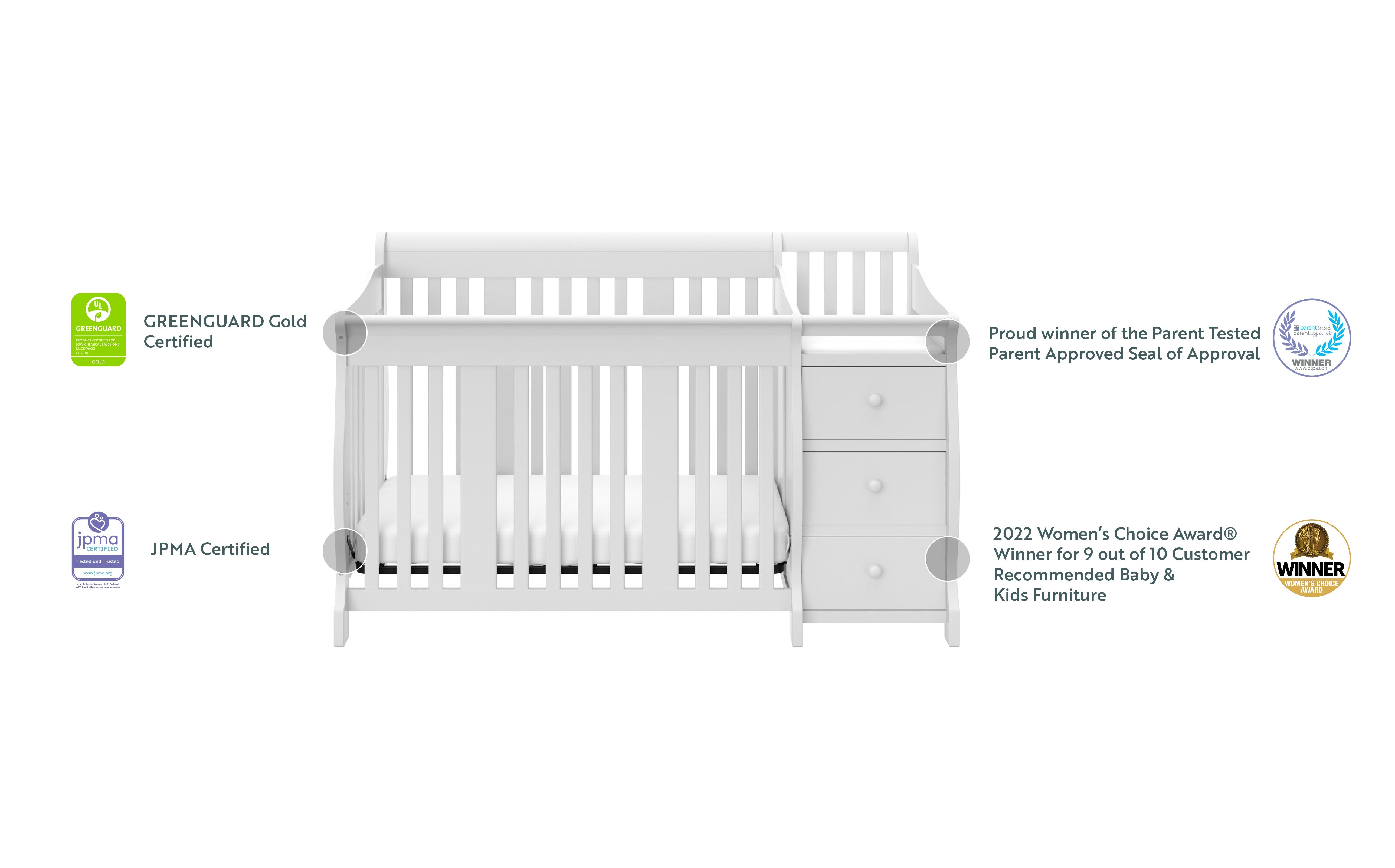 White crib and changer with award graphic