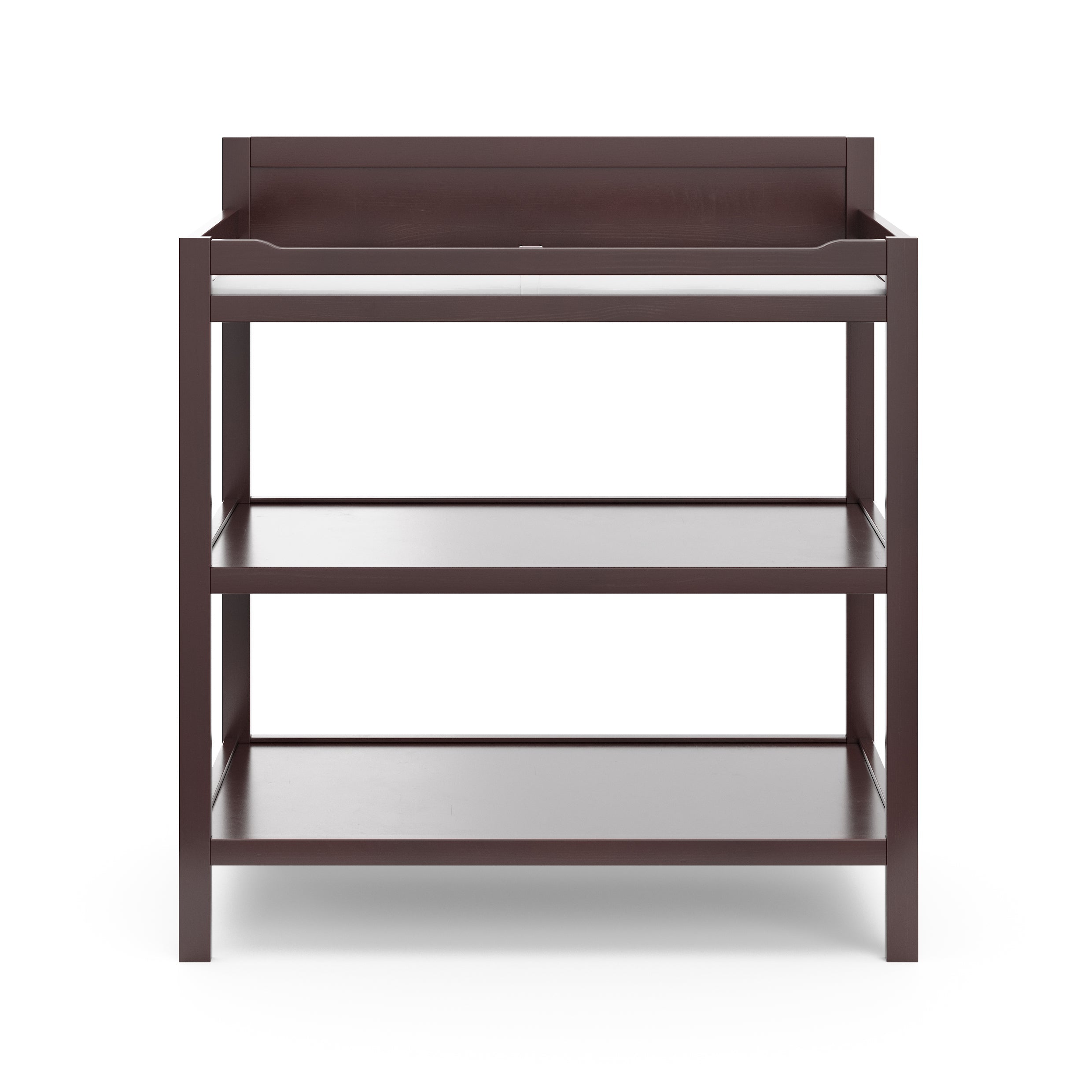 Front view of espresso changing table with two open shelves