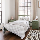 2 Santos olive 2 drawer nightstands in kids bedroom with bed in middle