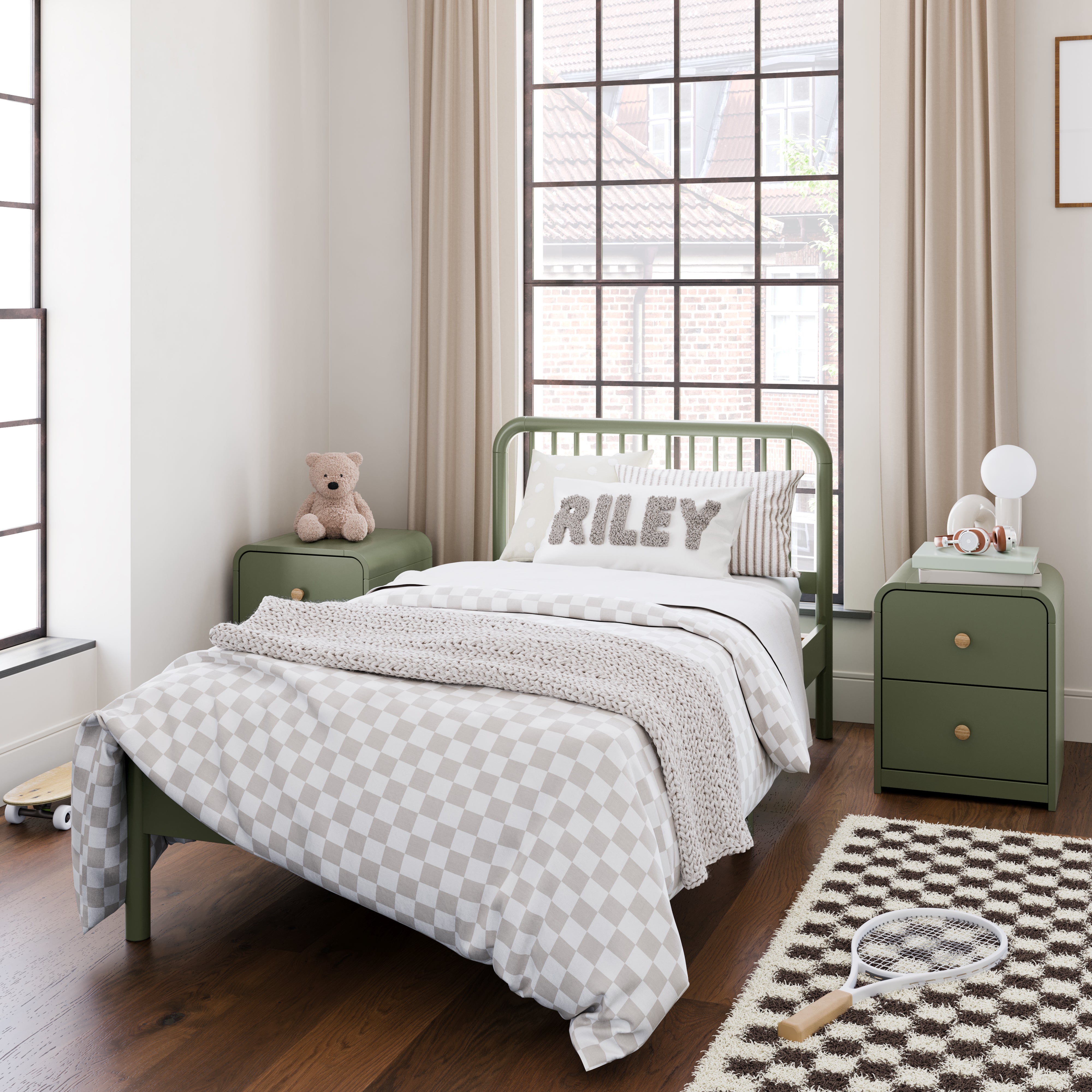 2 Santos olive 2 drawer nightstands in kids bedroom with bed in middle