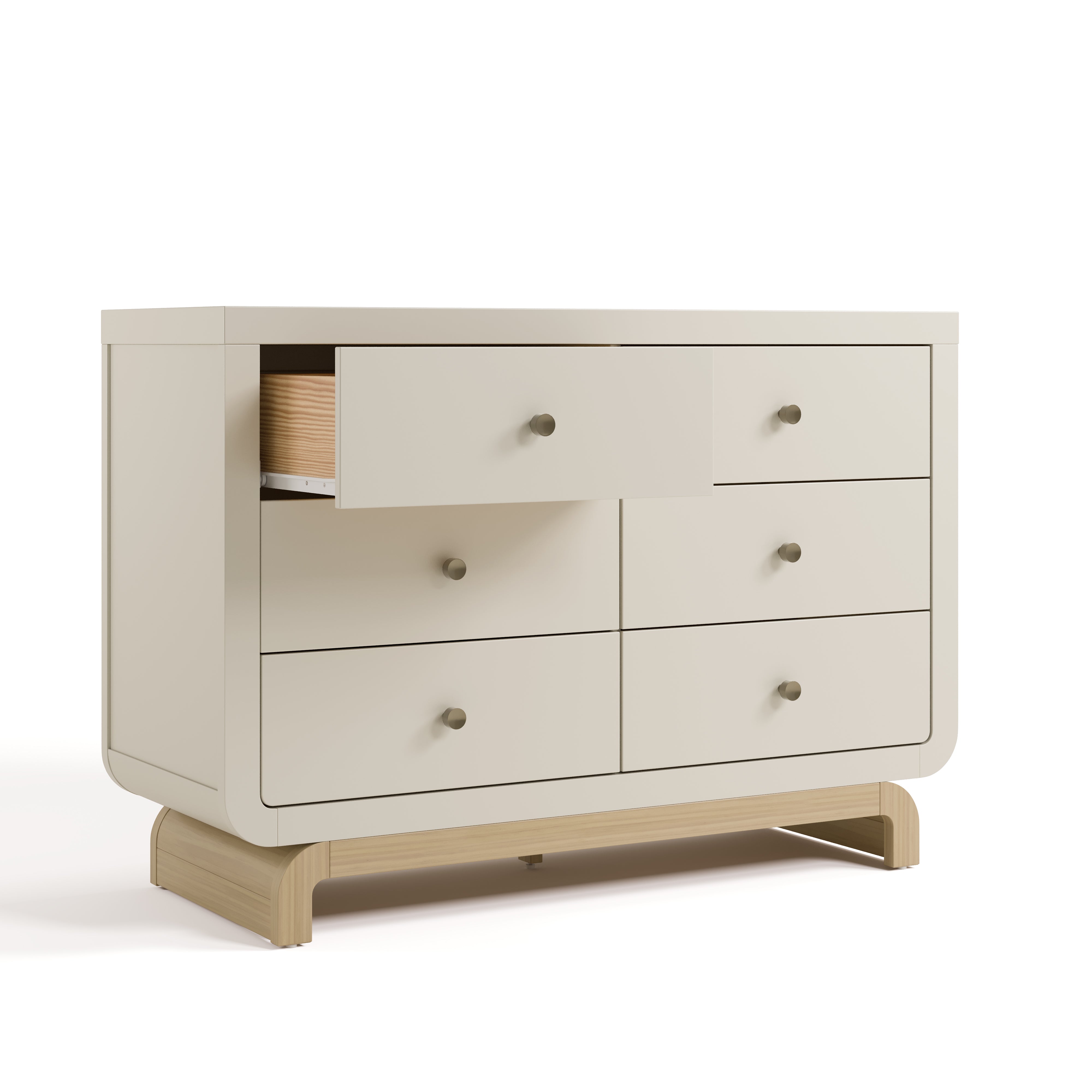 Santorini frosted oat with driftwood 6 drawer dresser with top left drawer open angle view