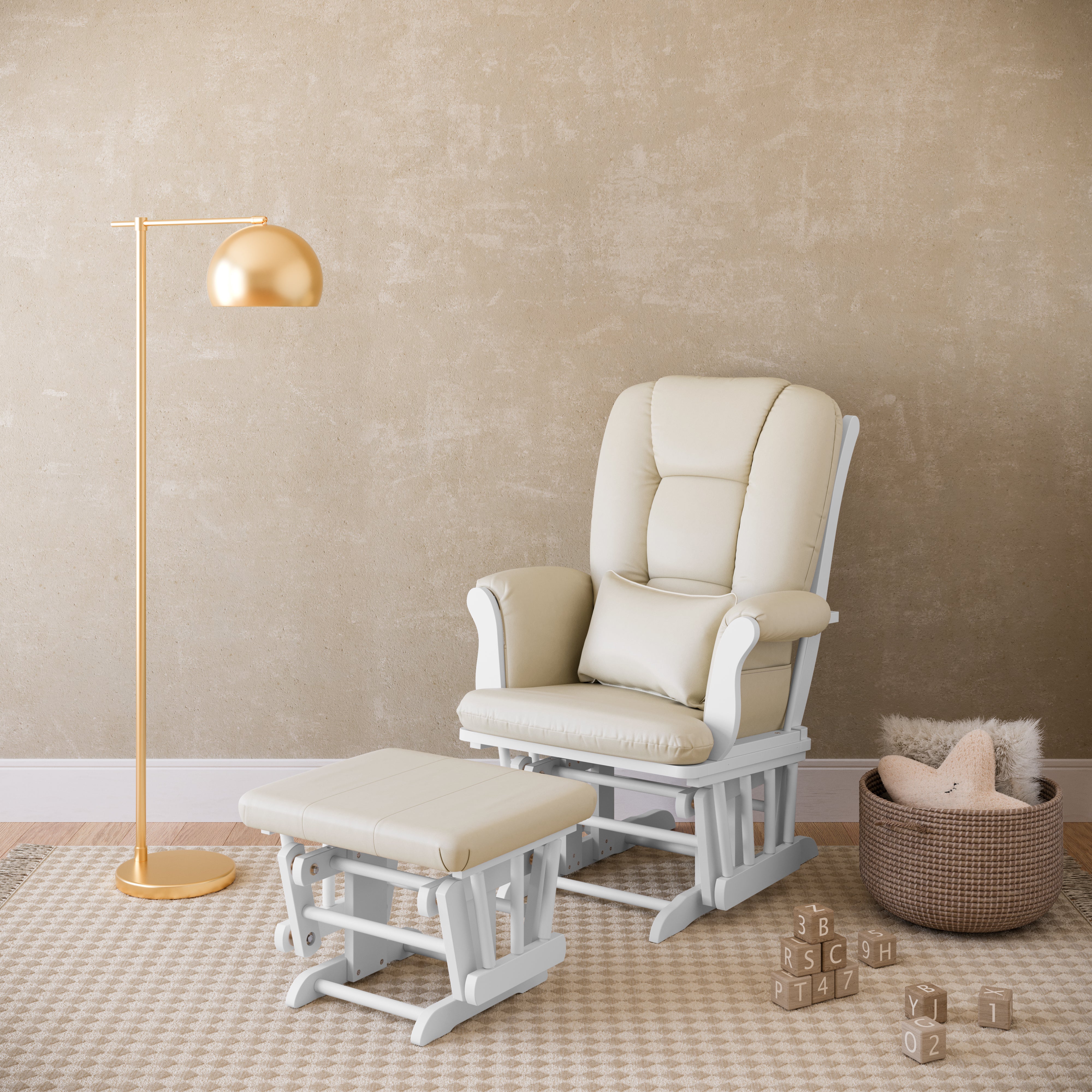 Tuscany white with beige glider and ottoman in a nursery