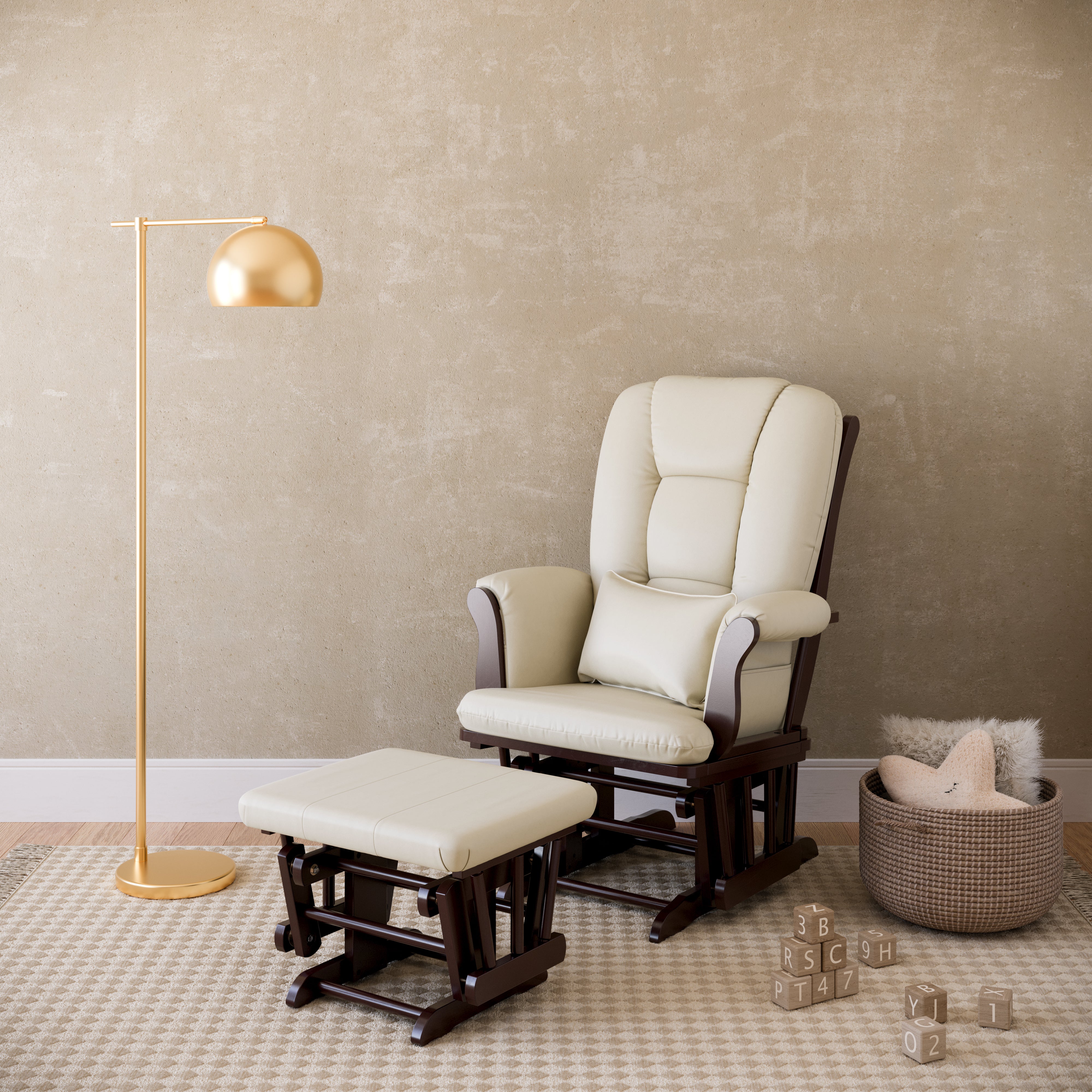 Tuscany espresso with beige glider and ottoman in a nursery