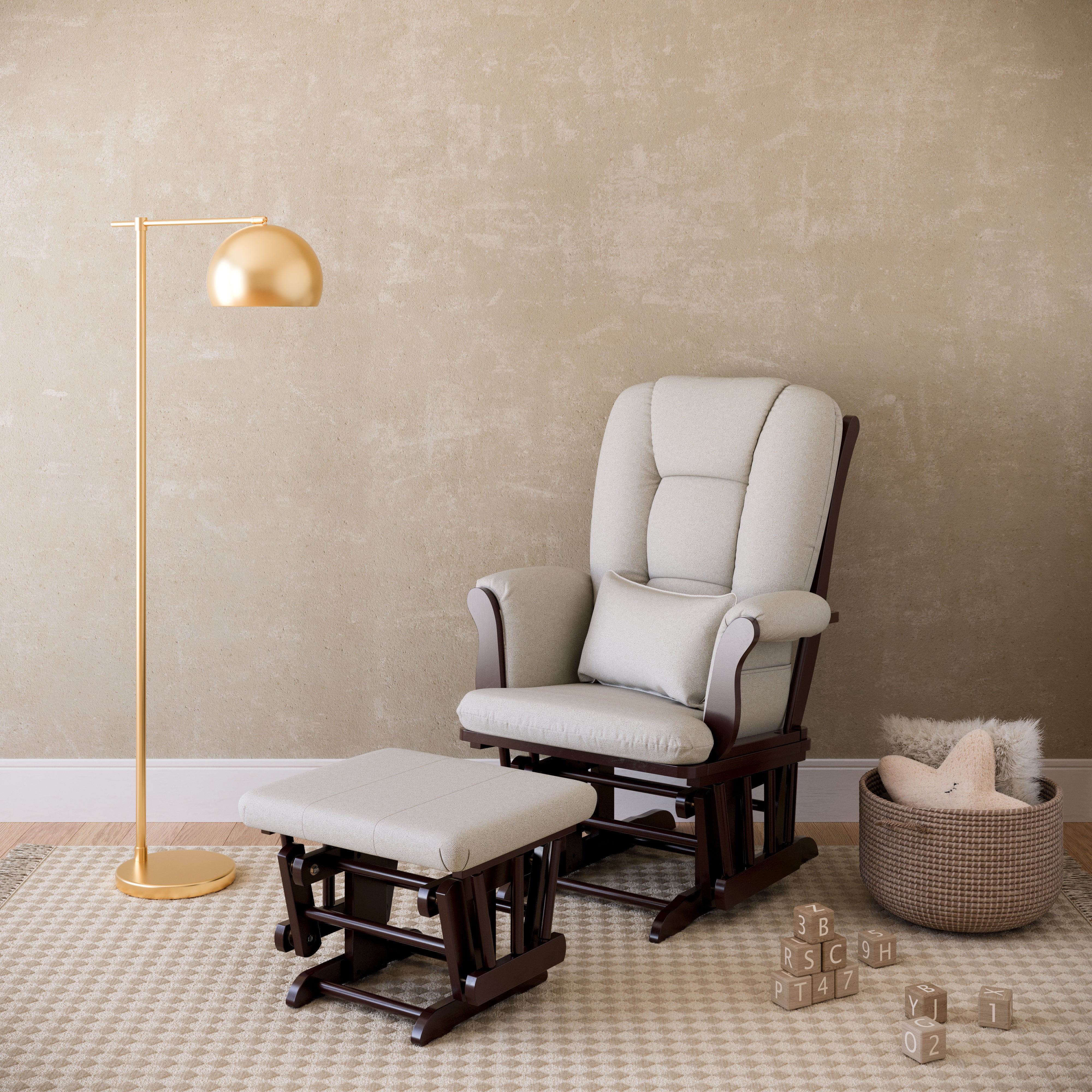 Tuscany espresso with taupe swirl glider and ottoman in a nursery