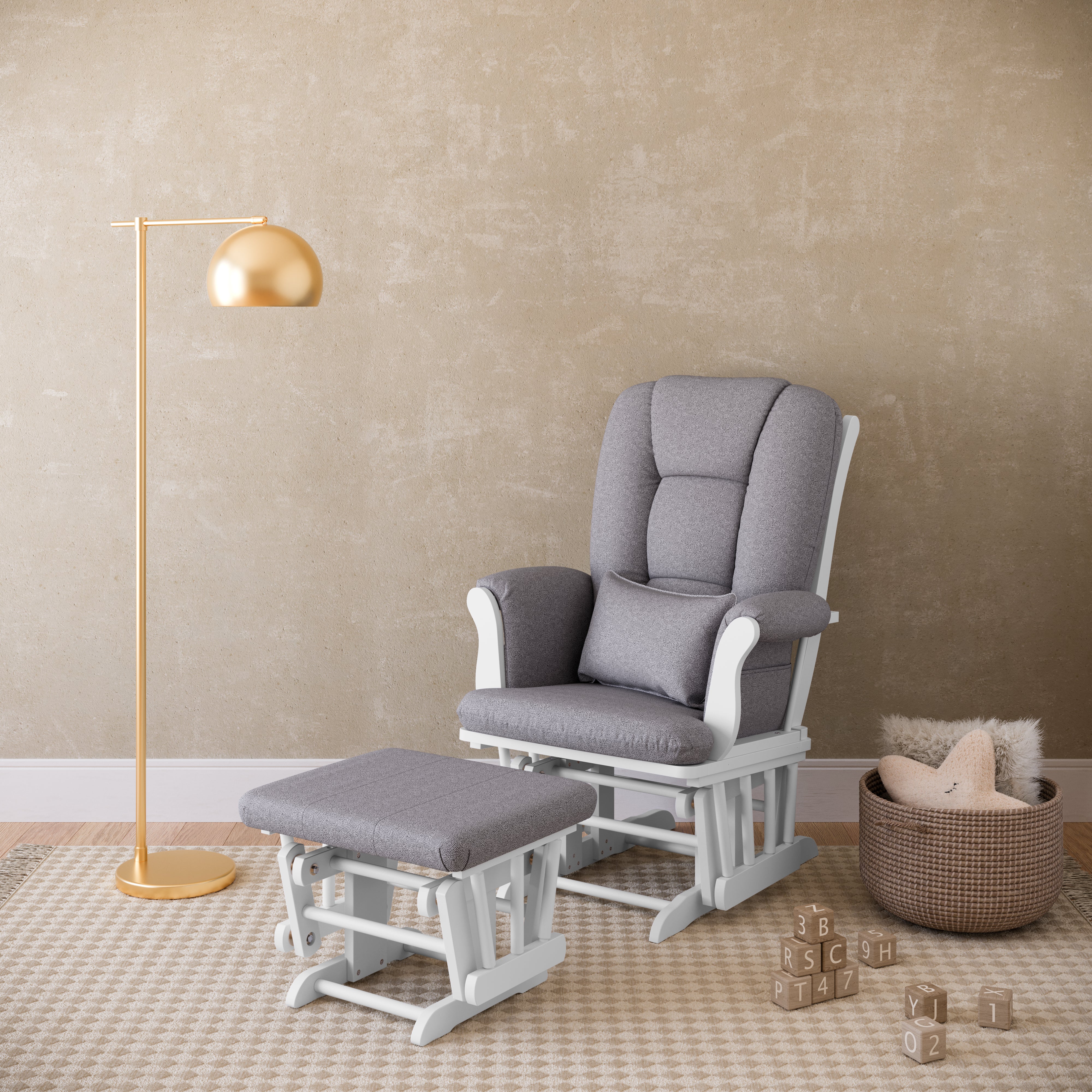 Tuscany white with gray swirl glider and ottoman in a nursery